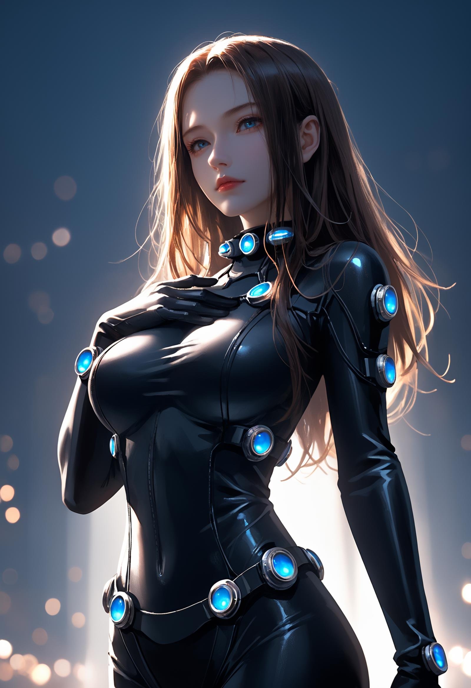 gantz,gantz suits,Reika_Shimohira,1girl,hand on own chest,large breasts,, score_9,score_8_up,score_7_up,source_cartoon,source_anime,dramatic lighting,highly detailed,high budget,bokeh,cinemascope,moody,epic,gorgeous,film grain,grainy,masterpiece,best quality,perfect anatomy,very aesthetic,official art,8k,