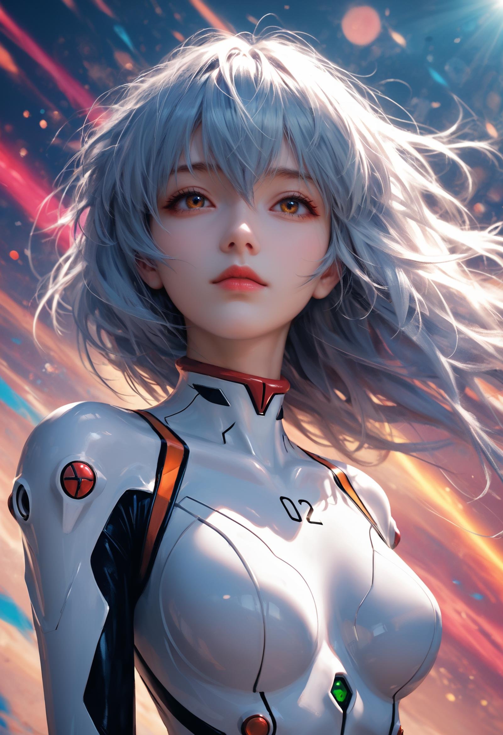 1girl,ayanami rei,neon genesis evangelion,rebuild of evangelion,plugsuit,pilot suit,white bodysuit,looking at viewer,head tilted,light blue long hair,hair blowing in the wind,(colorful flare abstract background:1.3),(intricate details),(dynamic angle),fluffy hair,air bangs,, cinematic film still,score_9,score_8_up,score_7_up,dramatic lighting,(realistic:1.3),highly detailed,high budget,bokeh,cinemascope,moody,epic,gorgeous,film grain,grainy,masterpiece,best quality,perfect anatomy,very aesthetic,official art,8k,