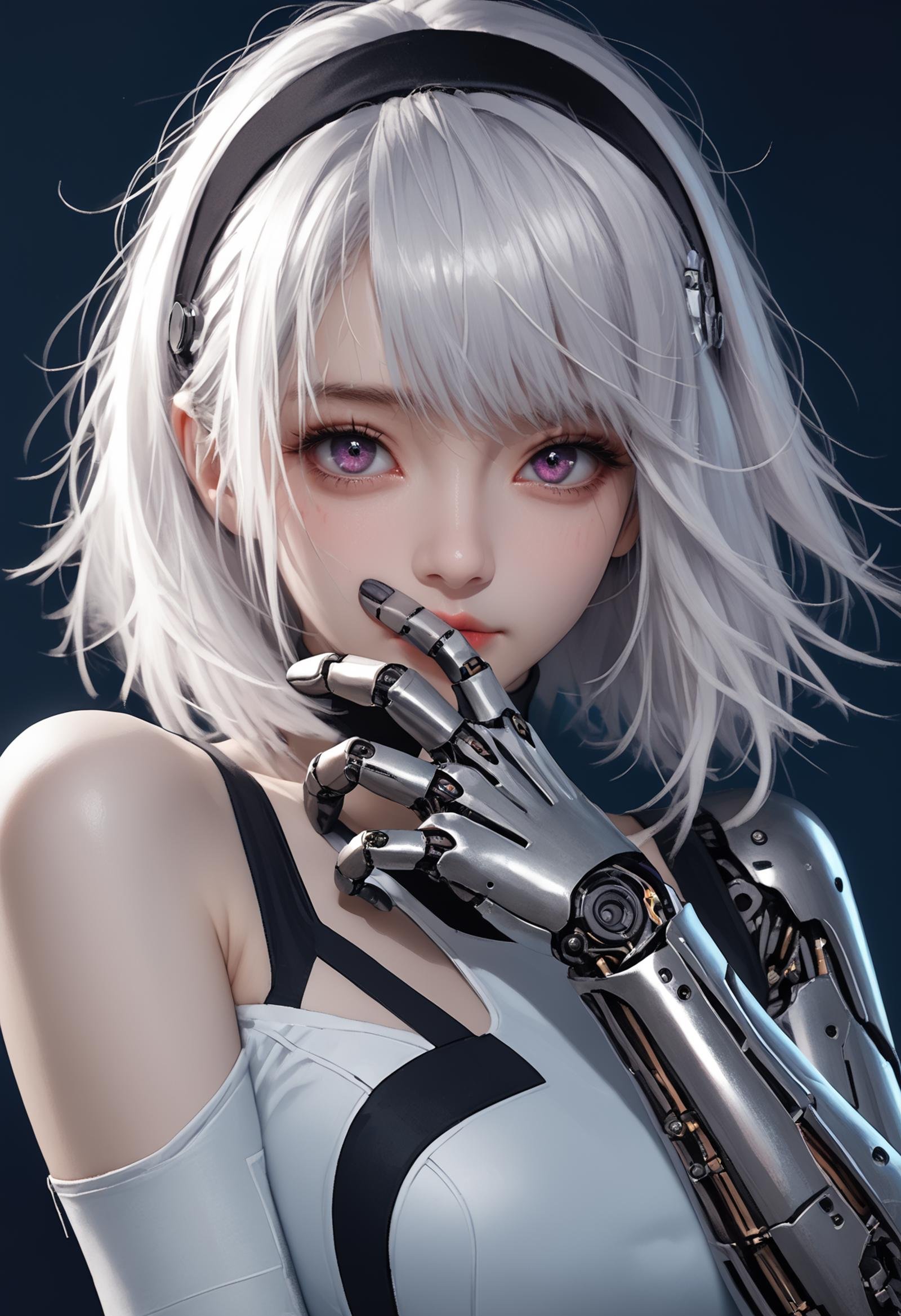 1girl,solo,looking at viewer,medium hair,bangs,hairband,purple eyes,hair ornament,hair between eyes,white hair,fluffy hair,large_breasts,blush shy,shiny_skin,very detailed clothes,very realistic textures,very detailed textures,longeyelashes,brown eye shadow,night,dim light,cyberpunk,mechanical arm,sci-fi style clothes,hair_tucking,metal material,realistic metallic texture,hands,raise your hand,