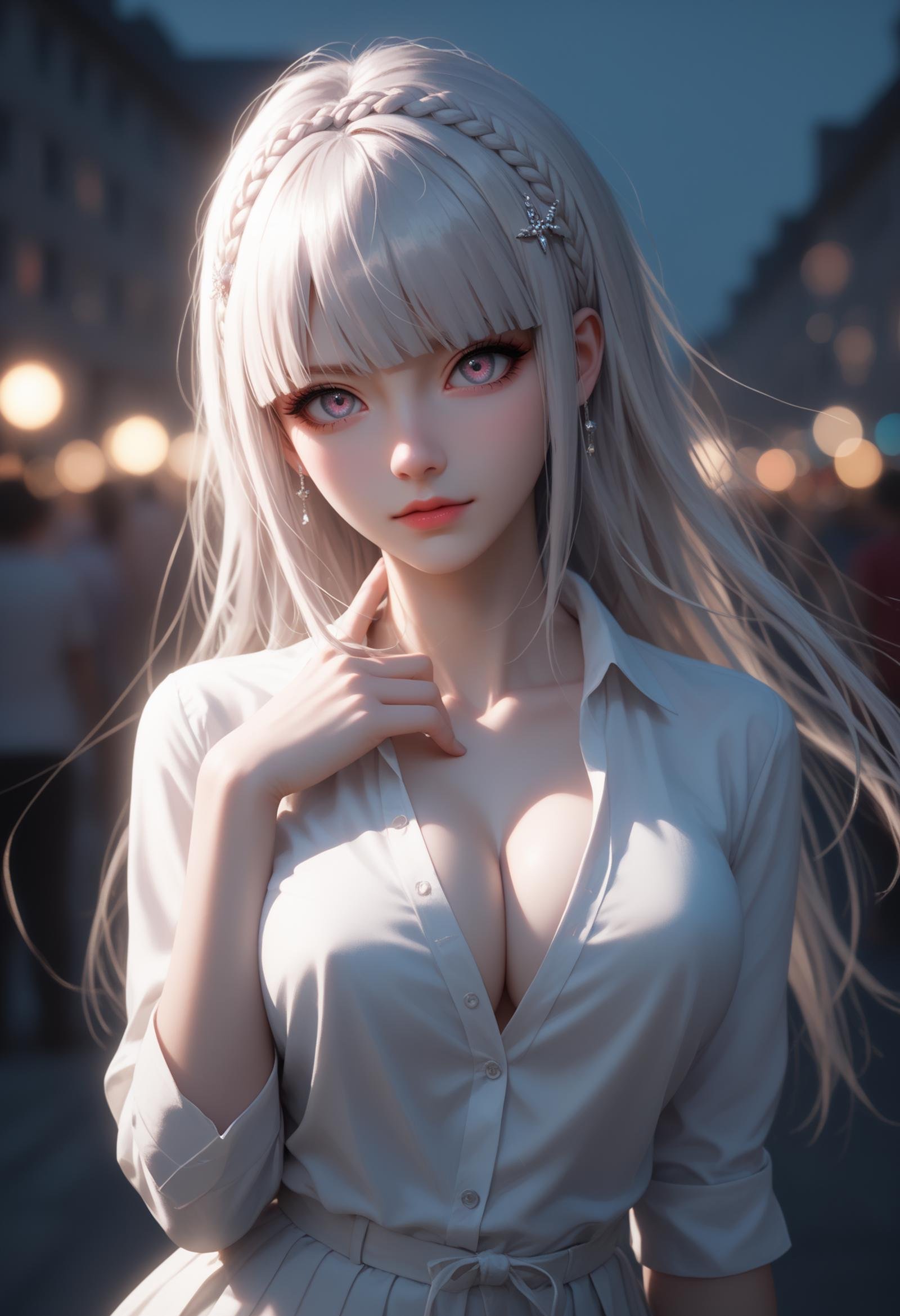 cinematic film still,score_9,score_8_up,score_7_up,dramatic lighting,highly detailed,high budget,bokeh,cinemascope,moody,epic,gorgeous,film grain,grainy,masterpiece,best quality,perfect anatomy,very aesthetic,official art,8k,kirigiri kyoko,danganronpa,1girl,hand on own chest,large breasts,