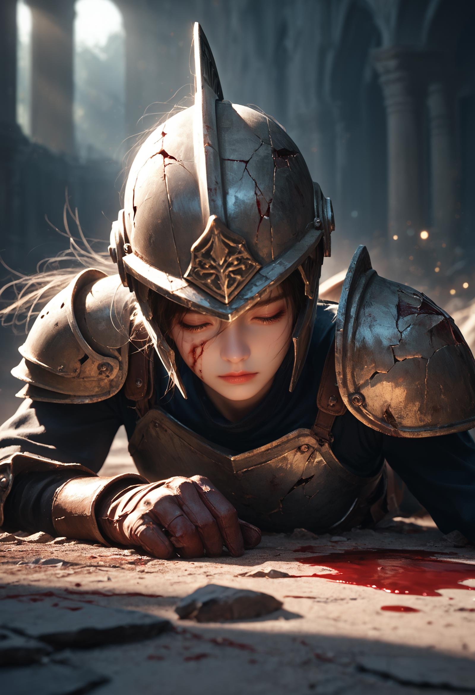 1girl,the background of terror,monster,broken clothes,wearing armor,broken sword,broken shield,broken armor,cracks,crack,rust,very fine armor texture,injured,sat down on the ground,shoes fall off,blood,broken armor,broken gloves,damaged helmet reveals 1 eyes,pain,eye injury with 1 eyes closed,closed eyes shed blood,, cinematic film still,score_9,score_8_up,score_7_up,dramatic lighting,(realistic:1.3),highly detailed,high budget,bokeh,cinemascope,moody,epic,gorgeous,film grain,grainy,masterpiece,best quality,perfect anatomy,very aesthetic,official art,8k,