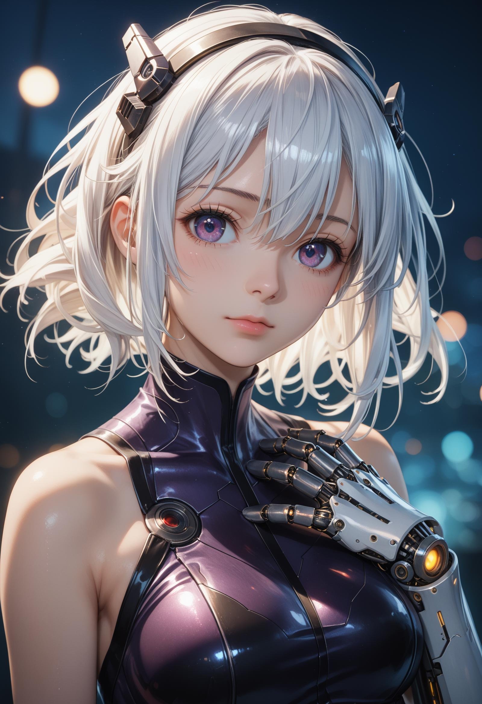 1girl,solo,looking at viewer,medium hair,bangs,hairband,purple eyes,hair ornament,hair between eyes,white hair,fluffy hair,large_breasts,blush shy,shiny_skin,very detailed clothes,very realistic textures,very detailed textures,longeyelashes,brown eye shadow,night,dim light,cyberpunk,mechanical arm,sci-fi style clothes,hair_tucking,metal material,realistic metallic texture,hands,raise your hand,, cinematic film still,score_9,score_8_up,score_7_up,dramatic lighting,(realistic:1.3),highly detailed,high budget,bokeh,cinemascope,moody,epic,gorgeous,film grain,grainy,masterpiece,best quality,perfect anatomy,very aesthetic,official art,8k,