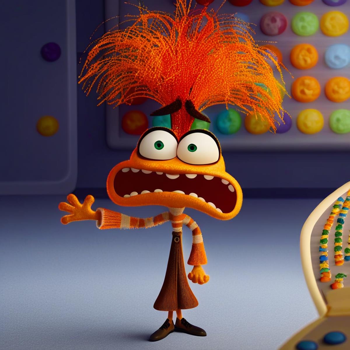 score_9, score_8_up, score_7_up, score_6_up, score_5_up, score_4_up, source_pixar, rating_safe BREAK anxiety /(inside out 2/), solo, 1girl, female, orange body, green eyes, constricted pupils, orange hair, screaming, sweater, ivory sweater, orange sweater, striped sweater, multicolored sweater, brown pants, shoes, cartoon, 3d, show accurate BREAK best quality, 32K UHD, absurd res, uploaded on DeviantArt