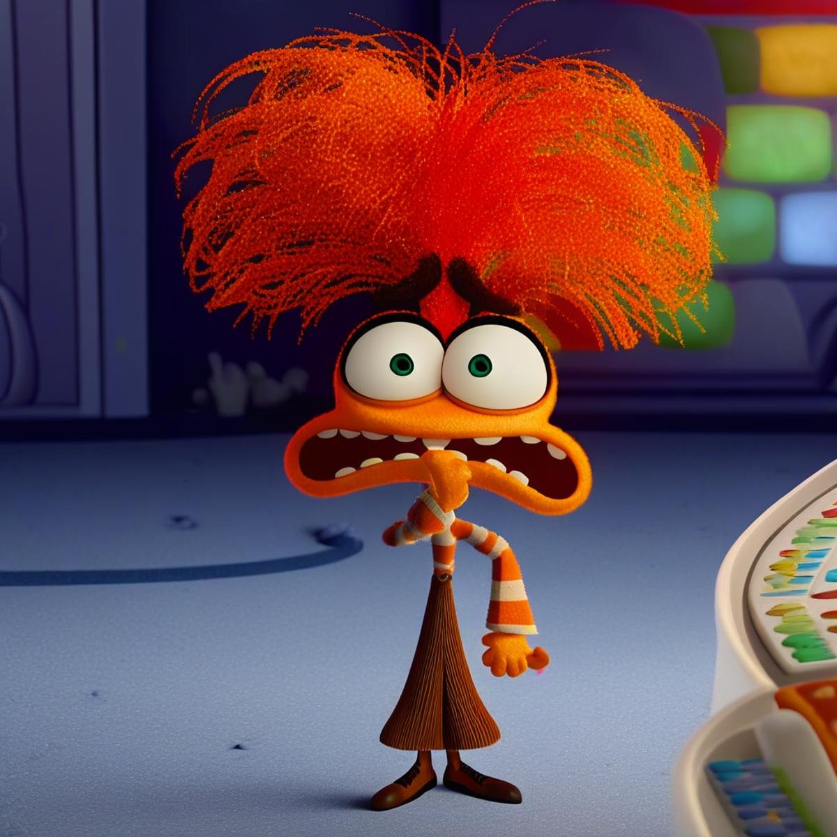 score_9, score_8_up, score_7_up, score_6_up, score_5_up, score_4_up, source_pixar, rating_safe BREAK anxiety /(inside out 2/), solo, 1girl, female, orange body, green eyes, constricted pupils, orange hair, screaming, sweater, ivory sweater, orange sweater, striped sweater, multicolored sweater, brown pants, shoes, cartoon, 3d, show accurate BREAK best quality, 32K UHD, absurd res, uploaded on DeviantArt