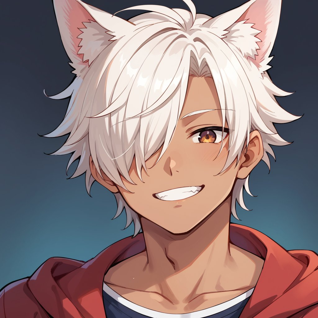 score_9, score_8_up, score_7_up, score_6_up, score_5_up, score_4_up, source_anime,  , BREAK, 1boy, ,male focus,  hazel eyes, looking at viewer, ,Eustace_GBF,hair over one eye,animal ears,white hair,dark skin,smile