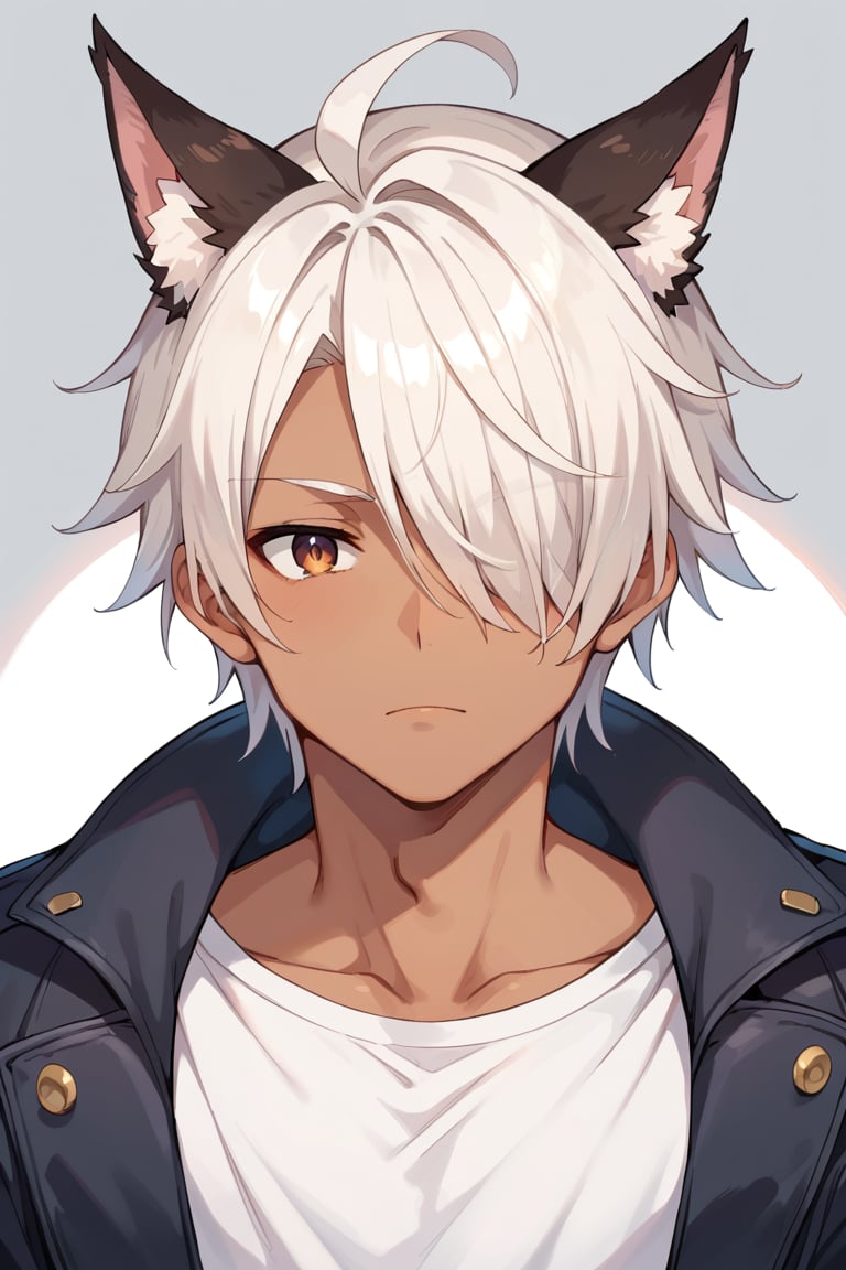 score_9, score_8_up, score_7_up, score_6_up, score_5_up, score_4_up, source_anime,  , BREAK, 1boy, ,male focus,  hazel eyes, looking at viewer, ,Eustace_GBF,hair over one eye,animal ears,white hair,dark skin