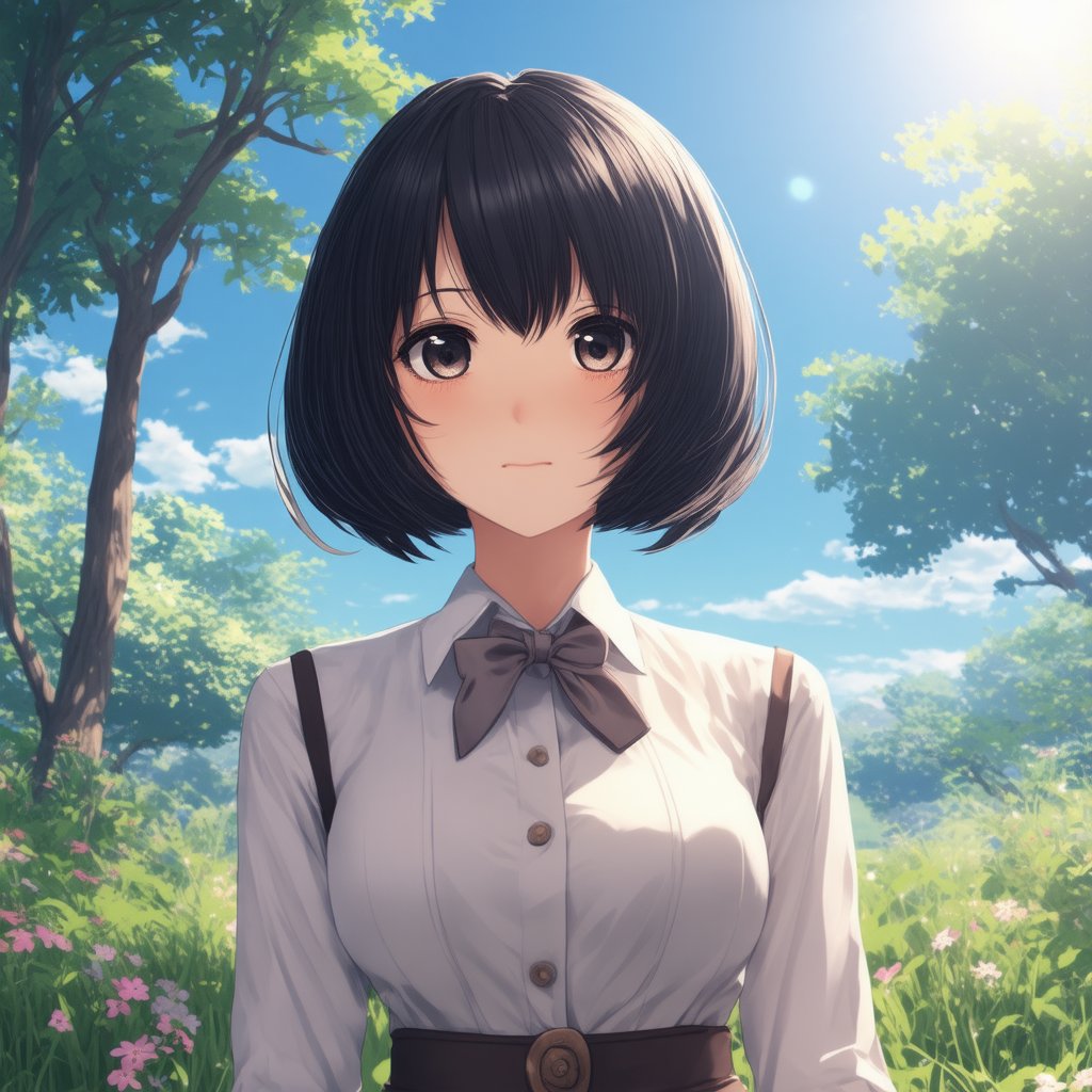 Top quality, Aesthetic sense, ultra detailed, ultra highres, ultra quality,  anime style, anime girl, KAN_SD3, detailed face, detailed hands, (((perfect anatomy))), delicate body, perfect hands, extreme clear image, kawaii, bisyojo, 1 girl, tiny, Solo, short hair, black hair, bob cut, black eyes, perfect body, cute dress, park, sunshine, datch angle, cowboy shot, arms behind back, detailed eyes, beautiful eyes,