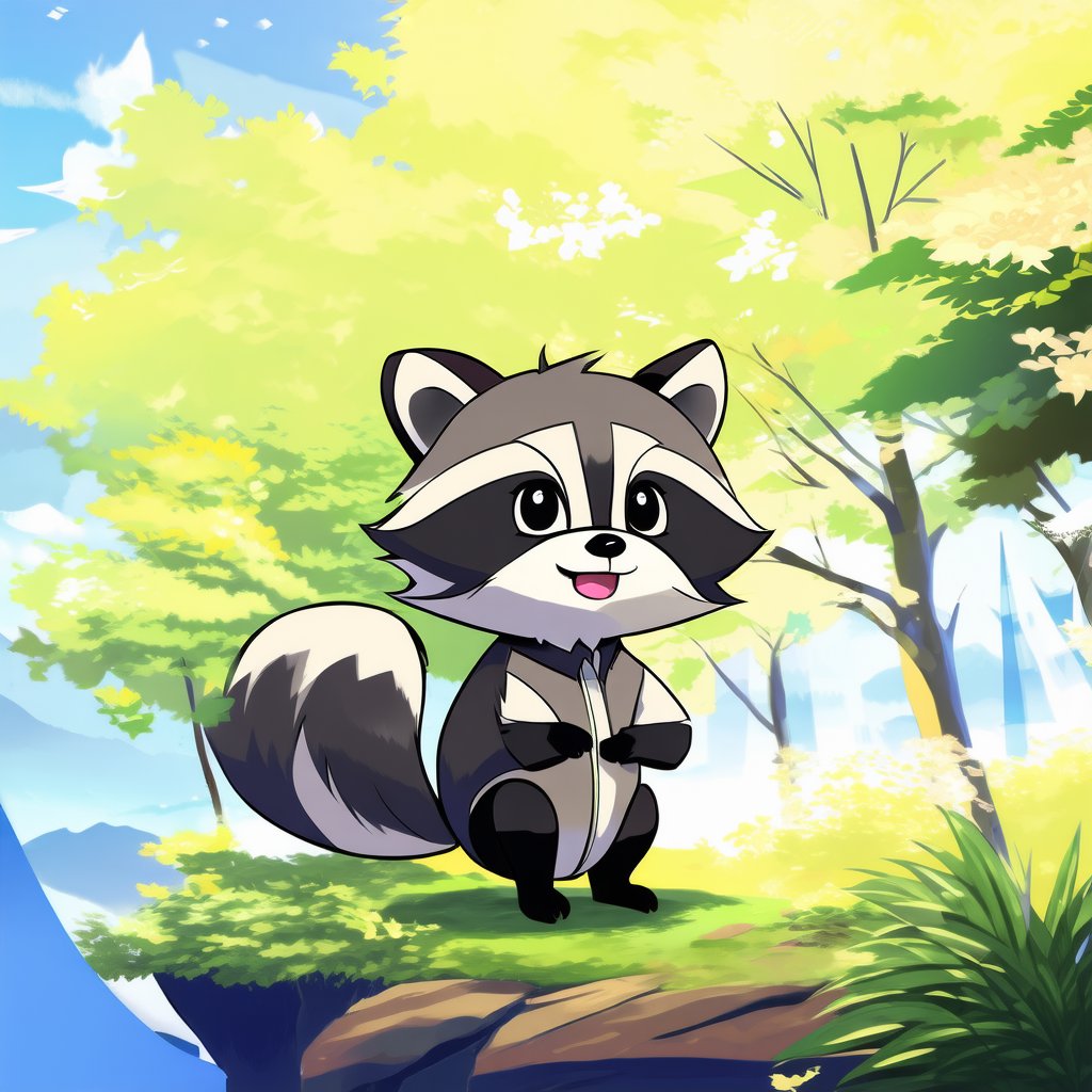 anime style, racoon, outdoor