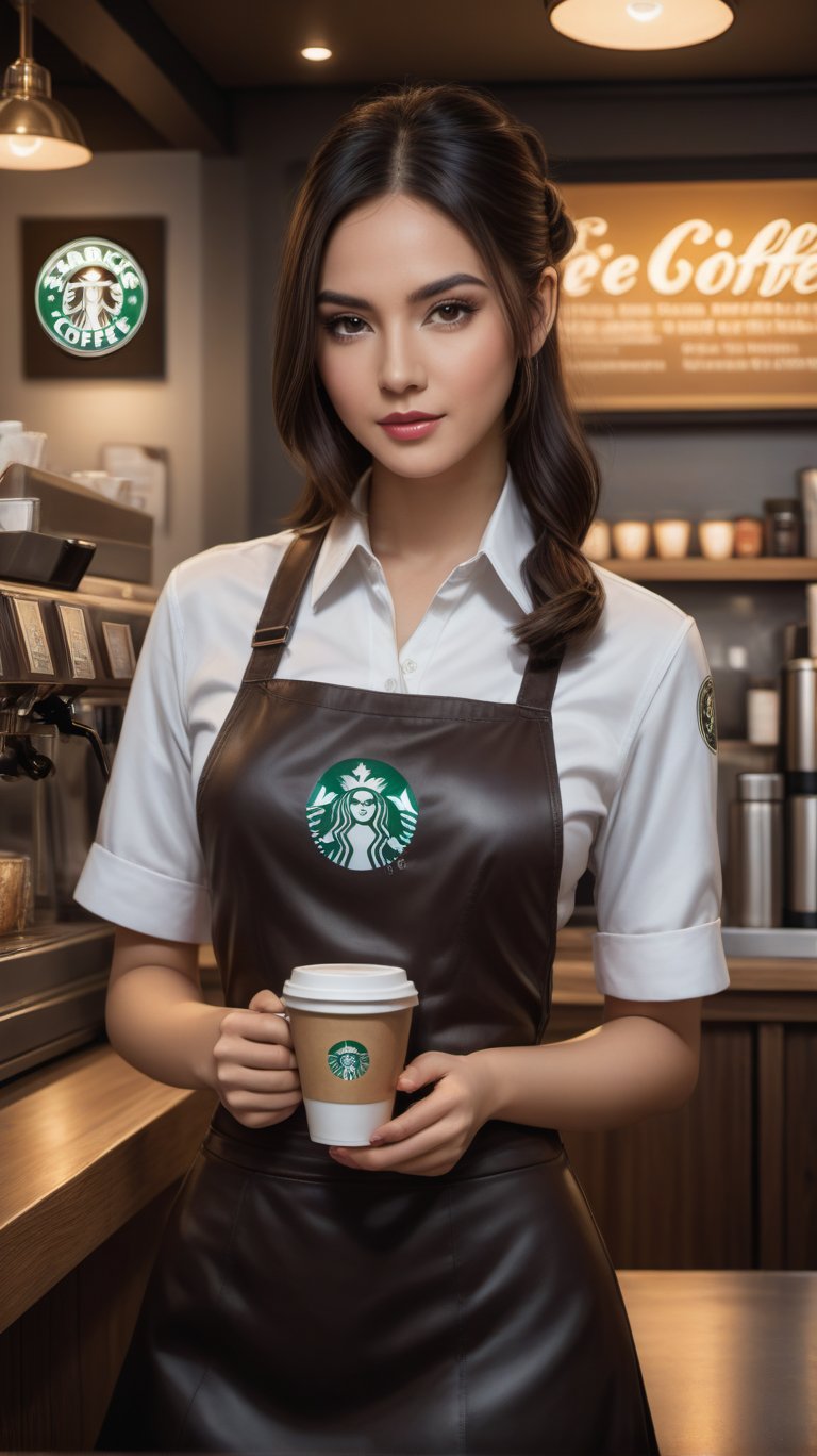 there a woman that standing in front of a counter,With a cup of coffee in his hand, mysterious coffee shop girl, Realistic art style, by Yang J, Surrealism female students, wearing rr diner uniform, Thanos as a Starbucks barista, realistic art style, Surrealism female students, in a coffee shop, super realistic painting style, Guviz-style artwork, Starbucks