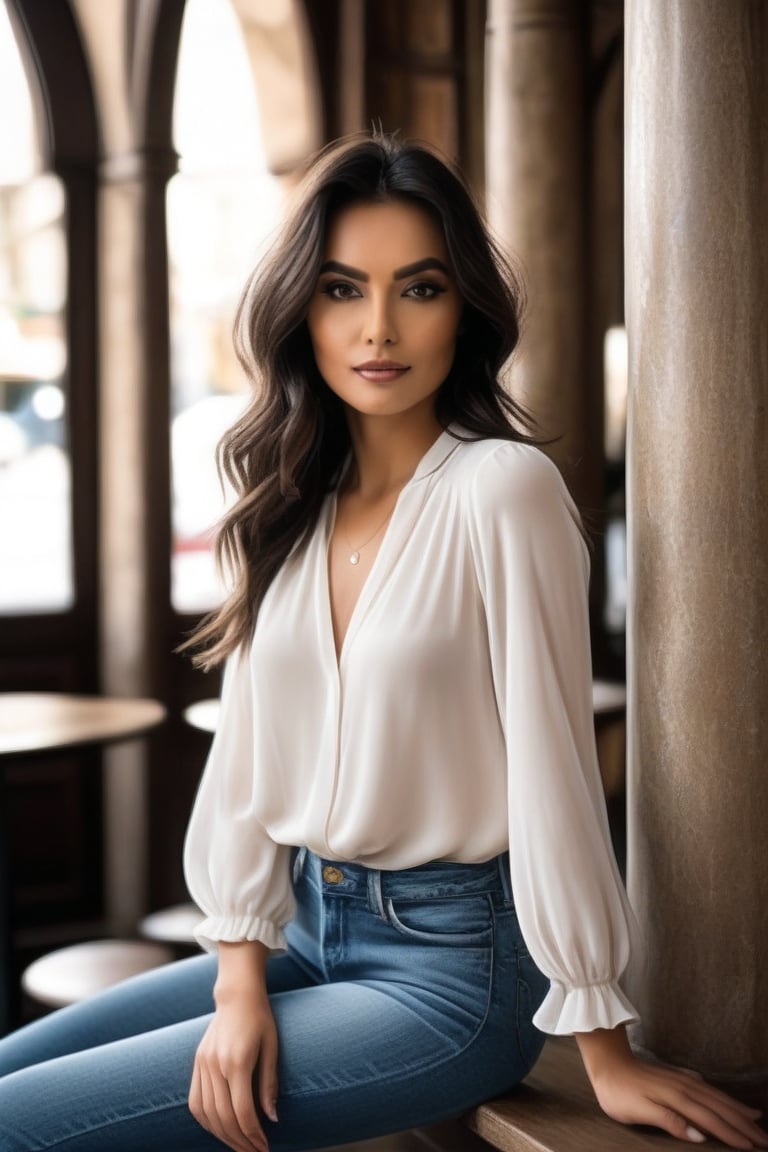 Face/Hair: "Create an image of a 20-year-old Moroccan woman with almond-shaped,  dark brown eyes that look real and alive,...