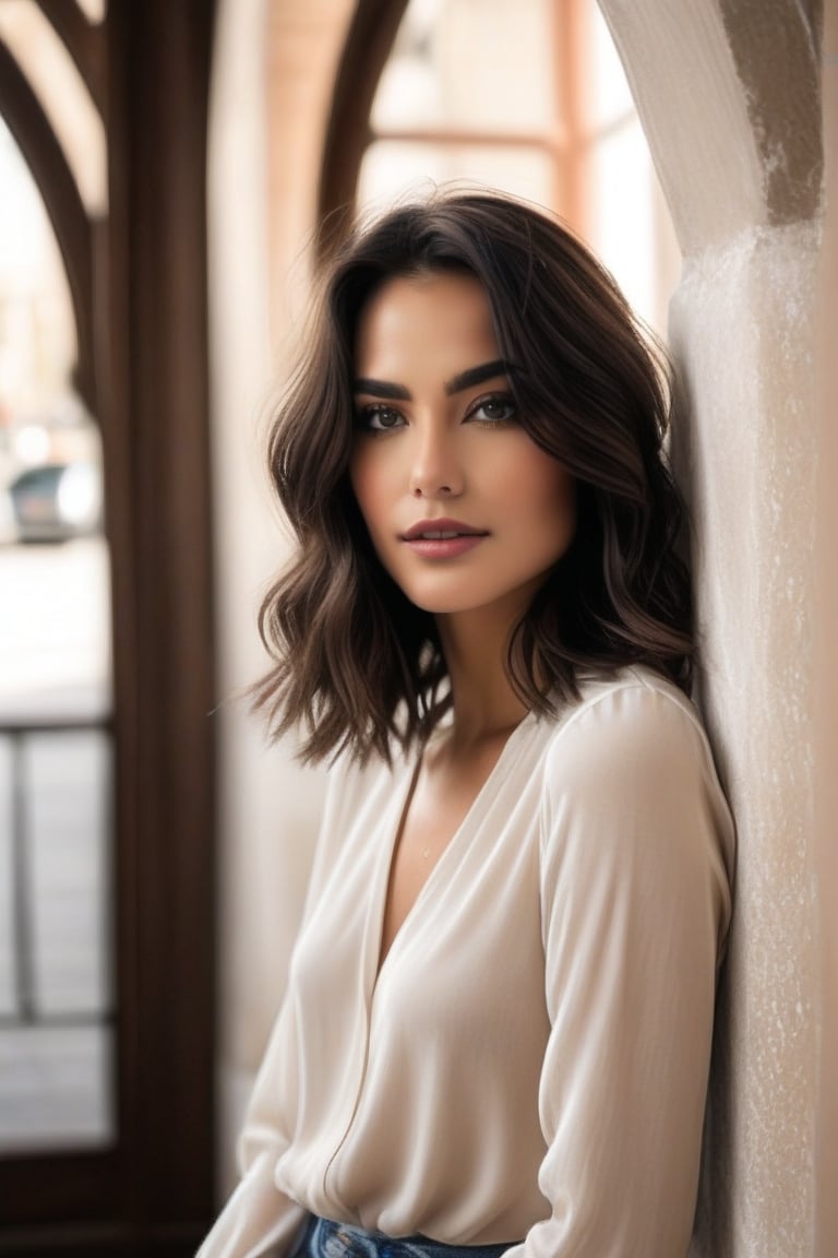 Face/Hair: "Create an image of a 20-year-old Moroccan woman with almond-shaped,  dark brown eyes that look real and alive,...
