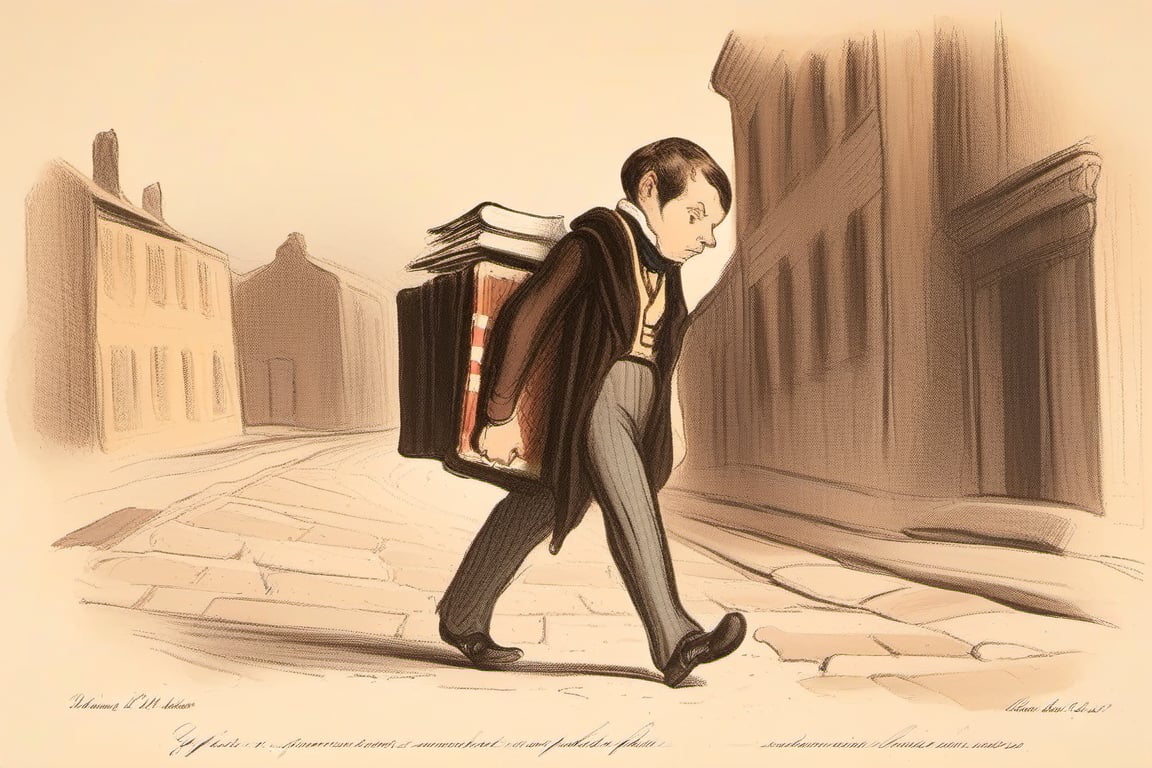 A Daumier-style illustration of an unhappy schoolboy from the 1800s,  walking along a cobblestone road while carrying a st...