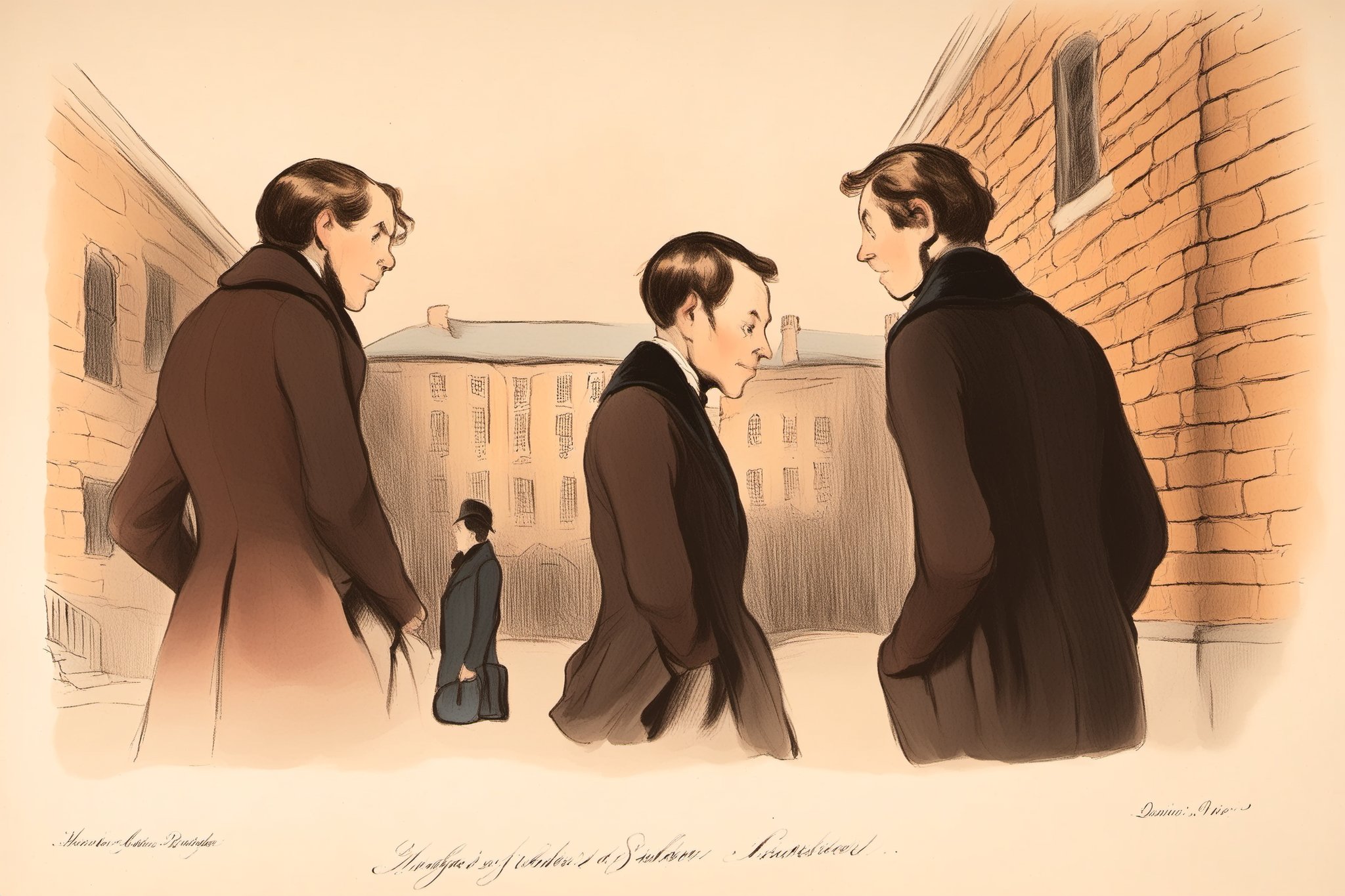 1. **Daumier-style 1800s School Group Discussion**: A group of three teenage school students,  each holding books,  engage...