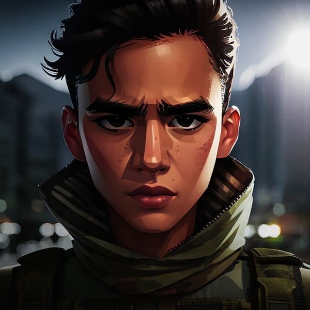 full format portrait of Modern Warfare, realistic skin, Meybis Ruiz Cruz, photorealistic, perfectly framed portrait, style features, backlighting, in the style of the cycle frontier, SAM YANG, More Detail, photorealistic, 3DMM,MRC,MeybisRuizCruz