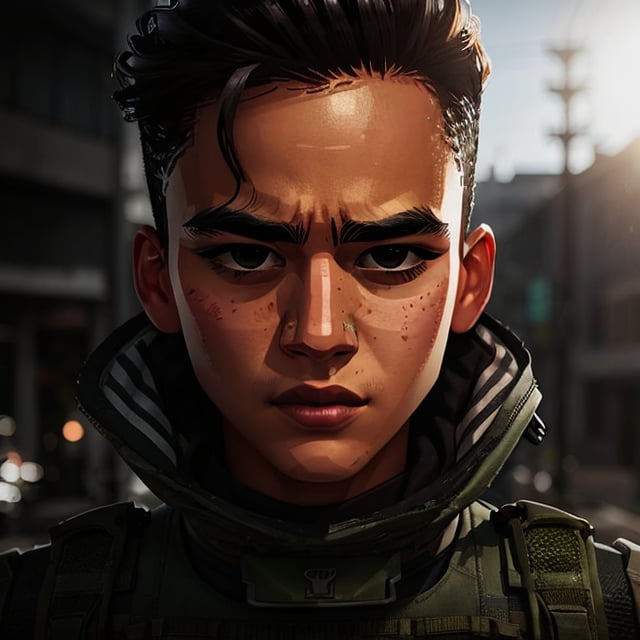 full format portrait of Modern Warfare, realistic skin, Meybis Ruiz Cruz, photorealistic, perfectly framed portrait, style features, backlighting, in the style of the cycle frontier, SAM YANG, More Detail, photorealistic, 3DMM,MRC,MeybisRuizCruz