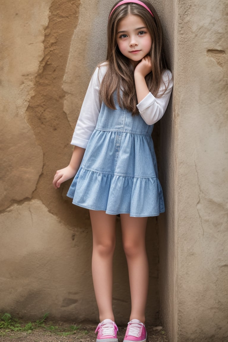 a tween girl on front of a wall, full body with close to face view , beautiful face, 8k,hdr,masterpiece