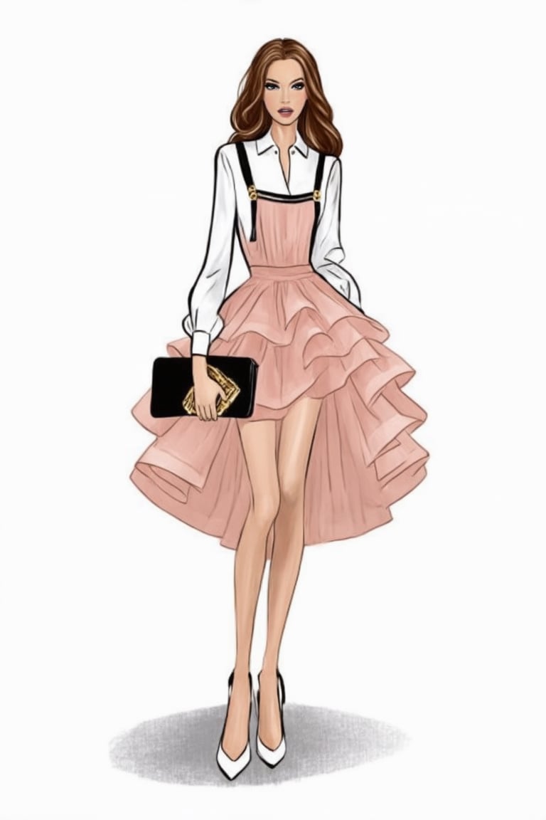 A stunning fashion illustration of a single girl posing confidently. She stands tall in front of a crisp white background, her long brown hair cascading down her back like a waterfall. Her bright brown eyes lock onto the viewer's gaze, exuding a sense of sophistication. A pink layered skirt flows around her legs, paired with a fitted shirt and long sleeves. She holds a sleek handbag in one hand and clutches it gently with the other, showcasing high heels that add to her statuesque presence. The overall framing is elegant, with the subject taking center stage.,Fashion drawing