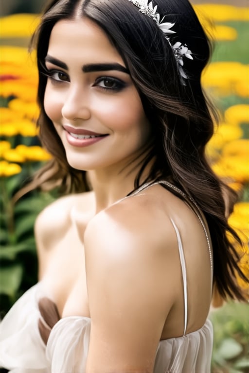 A photorealistic portrait of an Samira standing in a beautiful garden,  surrounded by vibrant flowers and greenery. She we...