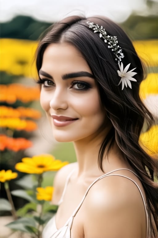 A photorealistic portrait of an Samira standing in a beautiful garden,  surrounded by vibrant flowers and greenery. She we...