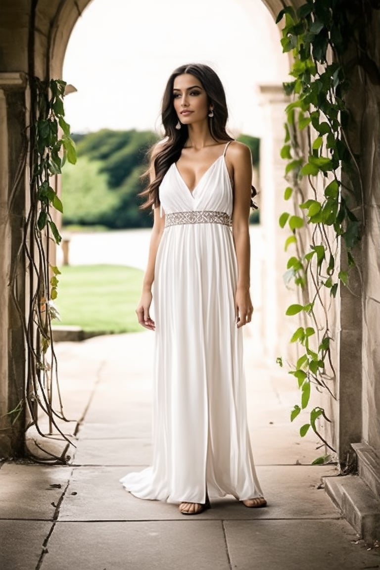 A beautiful Moroccan young woman standing in an ancient archway covered with ivy,  wearing a flowing white gown. She has n...