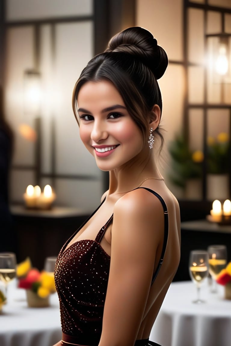 A 25-year-old woman with long dark brown hair styled in an elegant bun. She has light skin and a joyful expression with a bright smile. Her face features are soft yet defined, with a slightly pointed chin, high cheekbones, and a more pronounced, slightly hooked nose that reflects her Jewish heritage. She has almond-shaped brown eyes that sparkle with warmth. She is wearing a stylish, semi-formal dress suitable for a party, which accentuates her figure without being overly revealing. She is standing at the party, with other people and festive decorations in the background. The overall scene should have a lively and vibrant feel, with soft, warm lighting to emphasize the joyous atmosphere.,(((photorealism:1.4))),(((perfect hands:1.4)))