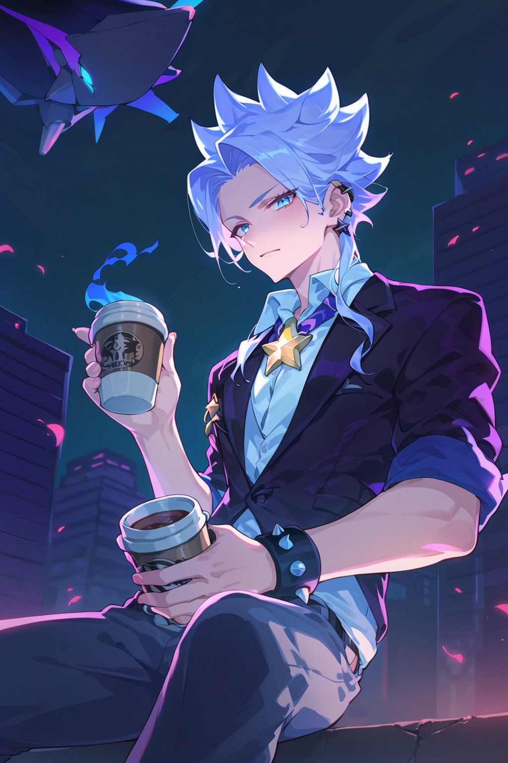 score_9, score_8_up, score_7_up, score_6_up,score_5_up,score_4_up, source_anime, BREAK,Nakroth,Spiked hair,long hair,Collared shirt,White hair,Blue eyes, sitting, night,top_building, star, sparkle, looking at viewer, holding coffee