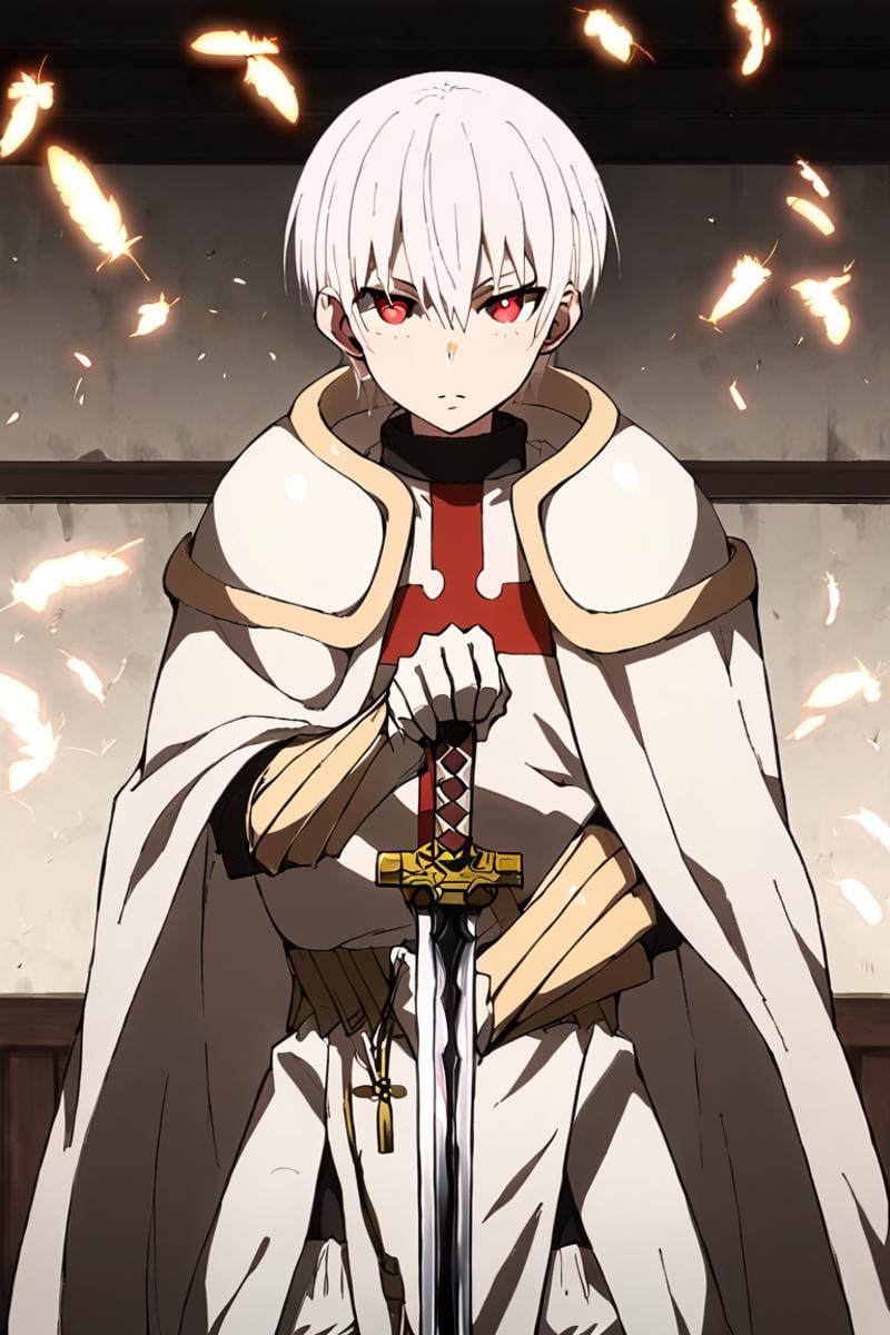 score_9,score_8_up,score_7_up,source_anime,1boy, solo, Sho Kusakabe,white hair,red eyes, hair between eyes,short hair, bangs,White cape, armor, looking_at_viewer, holding a sword, posing,white gloves, sword, holding sword, sword on hand,holding sword hilt, dark_background,indoors, dark,feathers<lora:EMS-436024-EMS:1.000000>