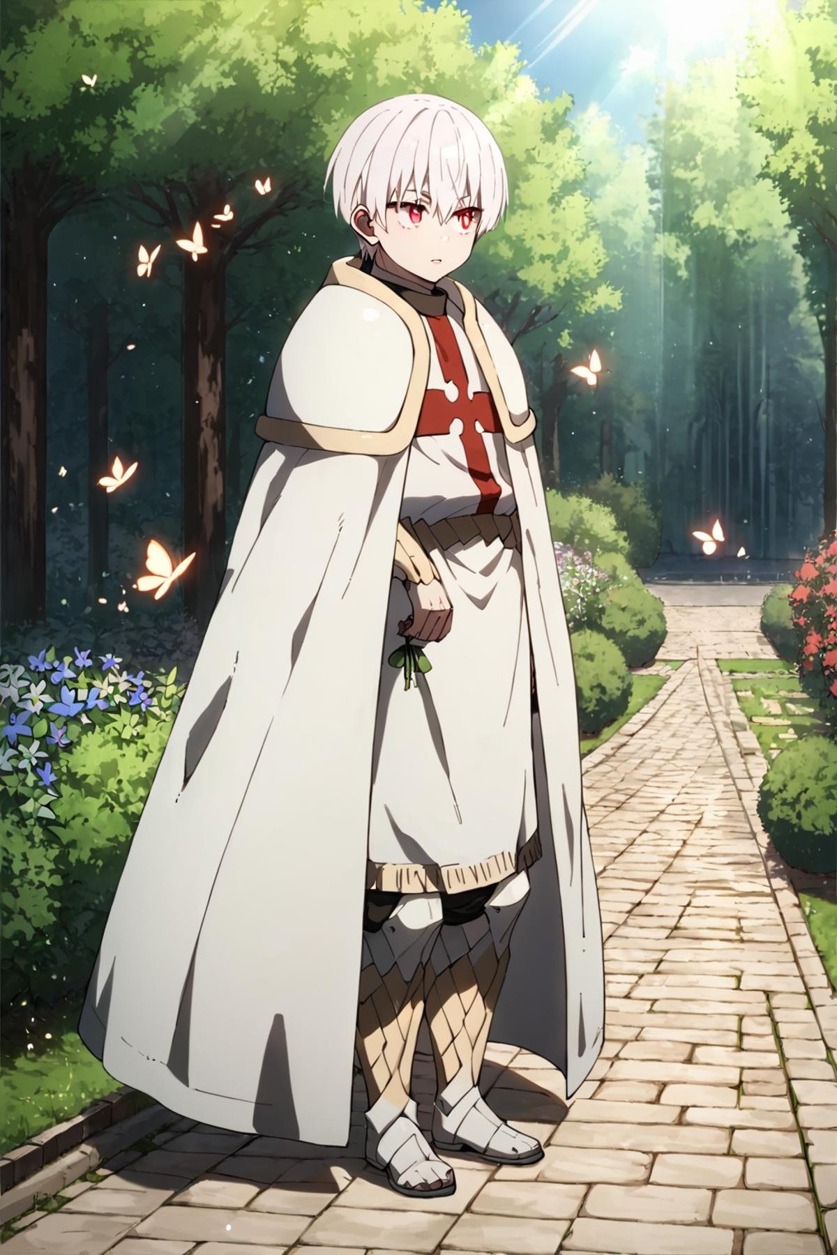 score_9,score_8_up,score_7_up,source_anime,1boy, solo, Sho Kusakabe,white hair,red eyes, hair between eyes,short hair, bangs,White cape, armor, looking away, garden, butterfly, tree, path, light rays<lora:EMS-436024-EMS:1.000000>