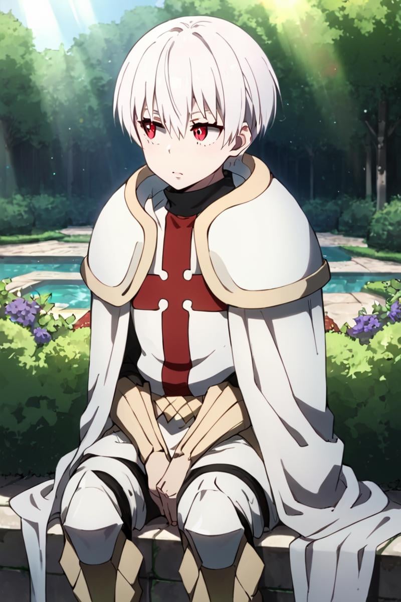 score_9,score_8_up,score_7_up,source_anime,1boy, solo, Sho Kusakabe,white hair,red eyes, hair between eyes,short hair, bangs,White cape, armor, looking away, garden, tree, light rays, upperbody, sitting<lora:EMS-436024-EMS:1.000000>