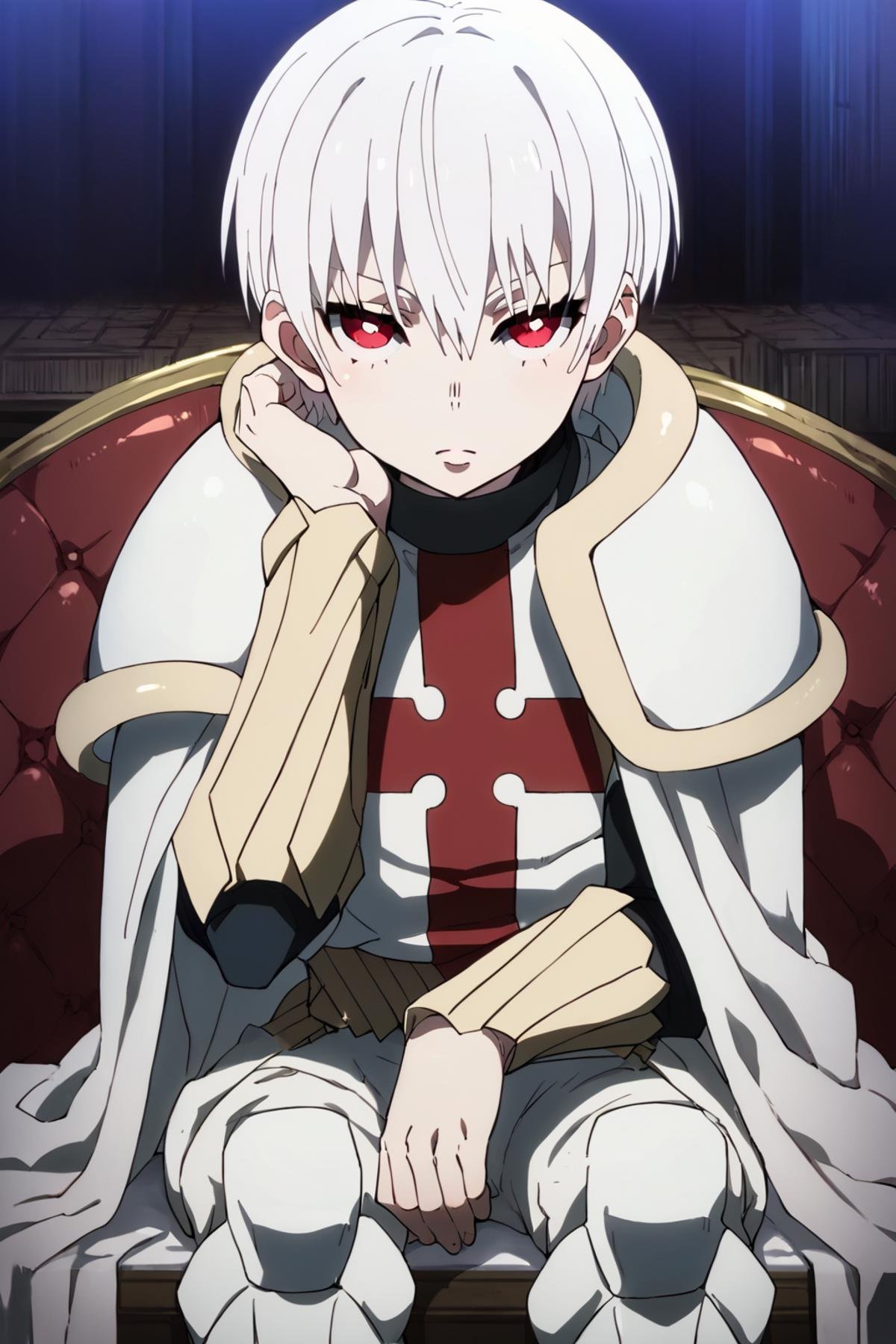 score_9,score_8_up,score_7_up,source_anime,1boy, solo, Sho Kusakabe,white hair,red eyes, hair between eyes,short hair, bangs,White cape, armor, looking_at_viewer, posing,sitting, indoors, bend over<lora:EMS-436024-EMS:1.000000>