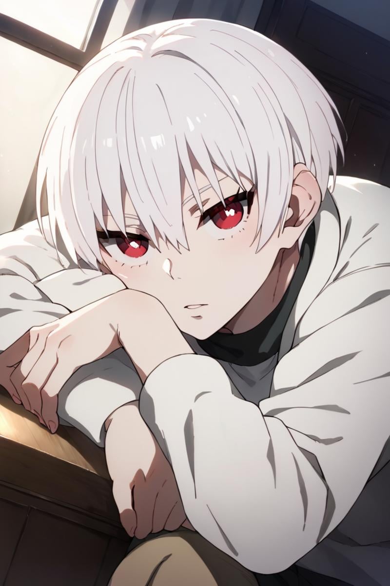 score_9,score_8_up,score_7_up,source_anime,1boy, solo, Sho Kusakabe,white hair,red eyes, hair between eyes,short hair, bangs,White shirt, looking_at_viewer, lying, indoors, on side<lora:EMS-436024-EMS:1.000000>