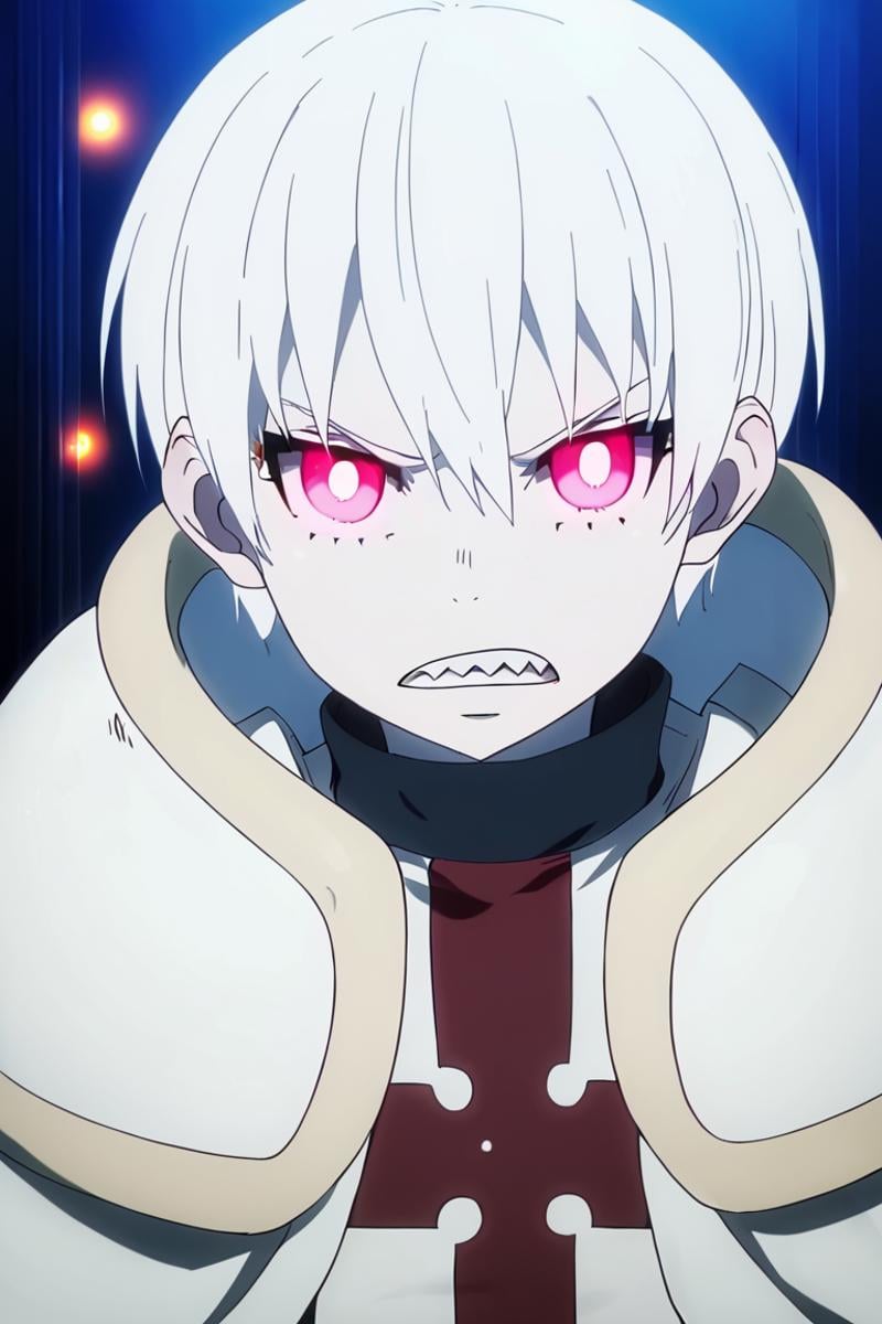 score_9,score_8_up,score_7_up,source_anime,1boy, solo, Sho Kusakabe,white hair,red eyes, hair between eyes,short hair, bangs,White cape, armor, looking_at_viewer, posing, glowing eyes, black_background, sharp teeth, clenched_teeth, indoors, dark,dark_background<lora:EMS-436024-EMS:1.000000>