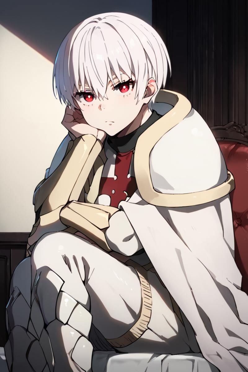 score_9,score_8_up,score_7_up,source_anime,1boy, solo, Sho Kusakabe,white hair,red eyes, hair between eyes,short hair, bangs,White cape,armor, looking_at_viewer, sitting, indoors, from side<lora:EMS-436024-EMS:1.000000>