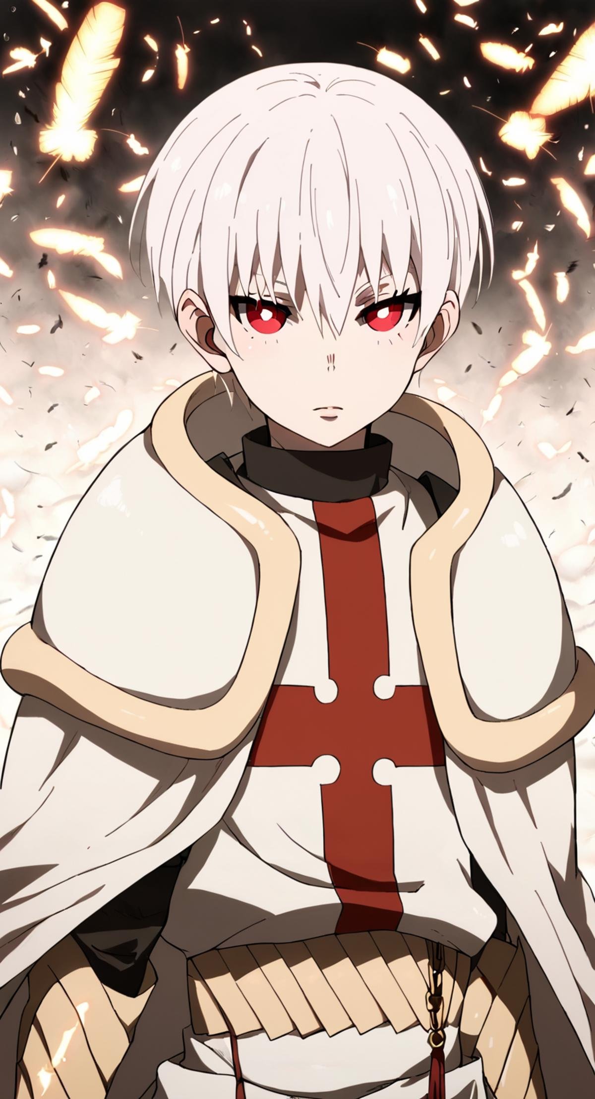 score_9,score_8_up,score_7_up,source_anime,1boy, solo, Sho Kusakabe,white hair,red eyes, hair between eyes,short hair, bangs,White cape, armor, looking_at_viewer, black_background, feathers<lora:EMS-436024-EMS:1.000000>