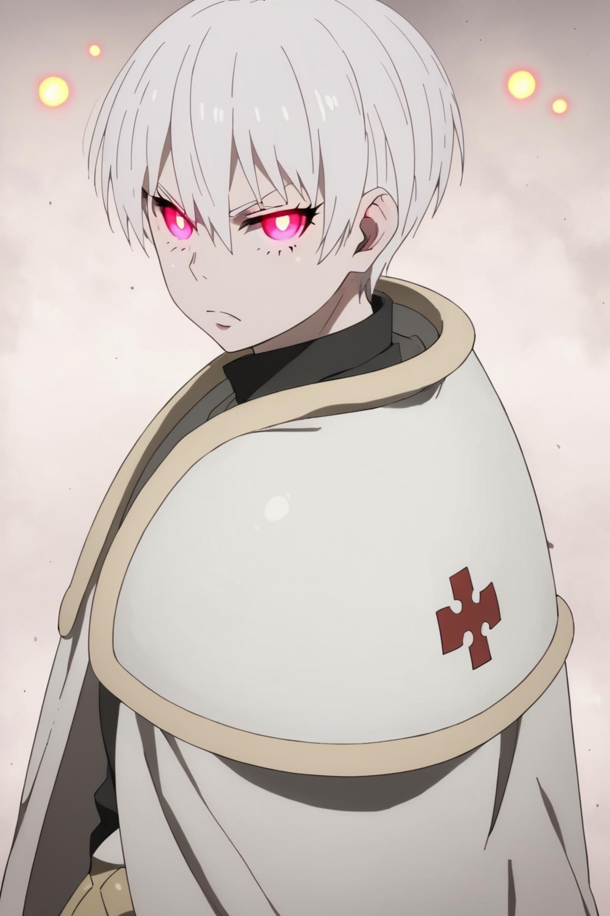 score_9,score_8_up,score_7_up,source_anime,1boy, solo, Sho Kusakabe,white hair,red eyes, hair between eyes,short hair, bangs,White cape, armor, looking_at_viewer, posing, looking back, glowing eyes, black_background, angry, upper body<lora:EMS-436024-EMS:1.000000>