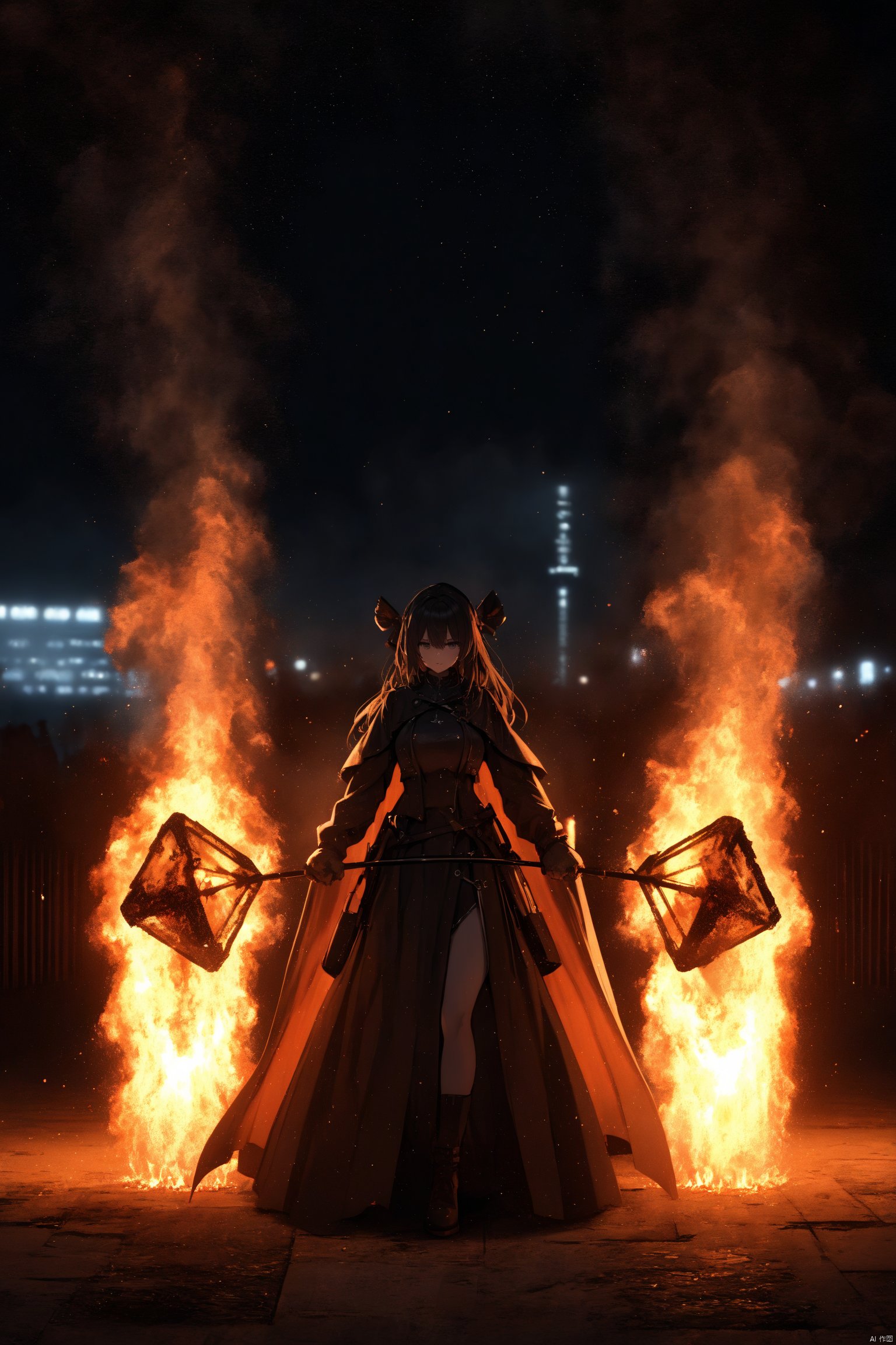 (masterpiece),(best quality),ultra detailed,hdr,a girl,HUOHU art,fire,Black background,at night,