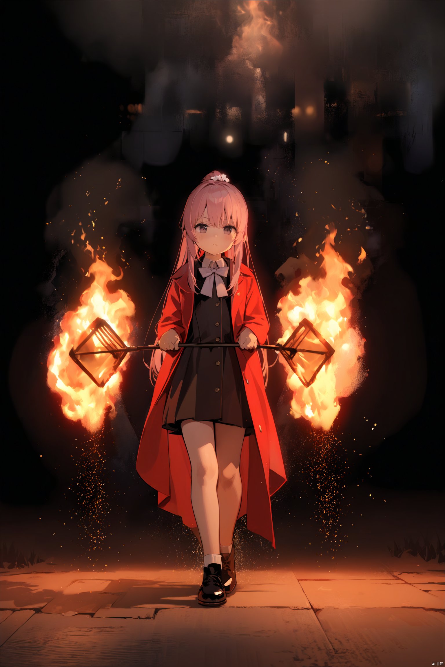 (masterpiece),(best quality),ultra detailed,hdr, HUOHU art,fire,Black background,at night, Holding fire sticks in both hands, a loli holding fire stick ,petite,pink hair, long hair, red Jacket,high ponytail,collared shirt,hair flower,Frown,dress,bowtie,shoe