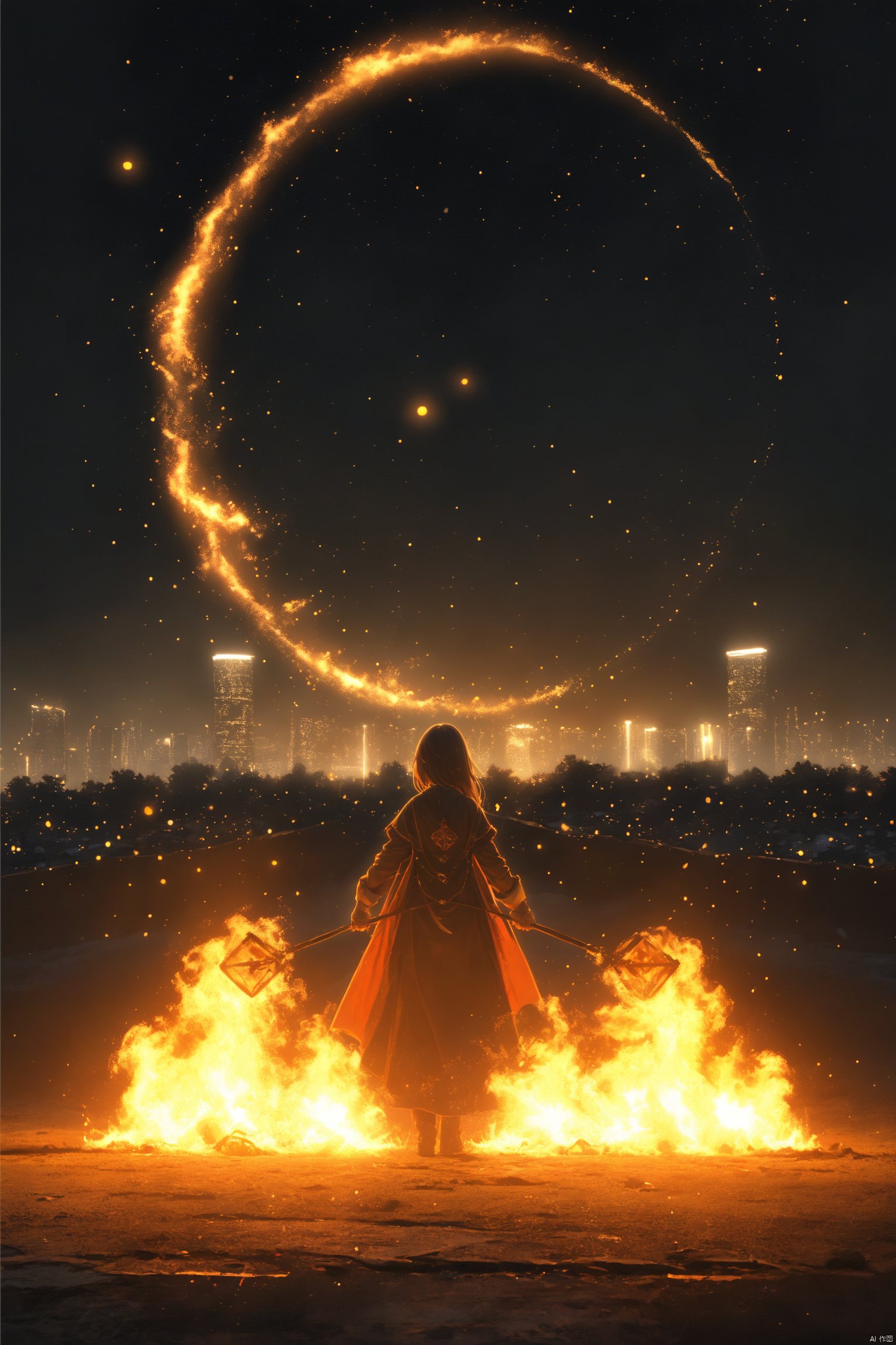 (masterpiece),(best quality),ultra detailed,hdr,a girl,HUOHU art,fire,Black background,at night,