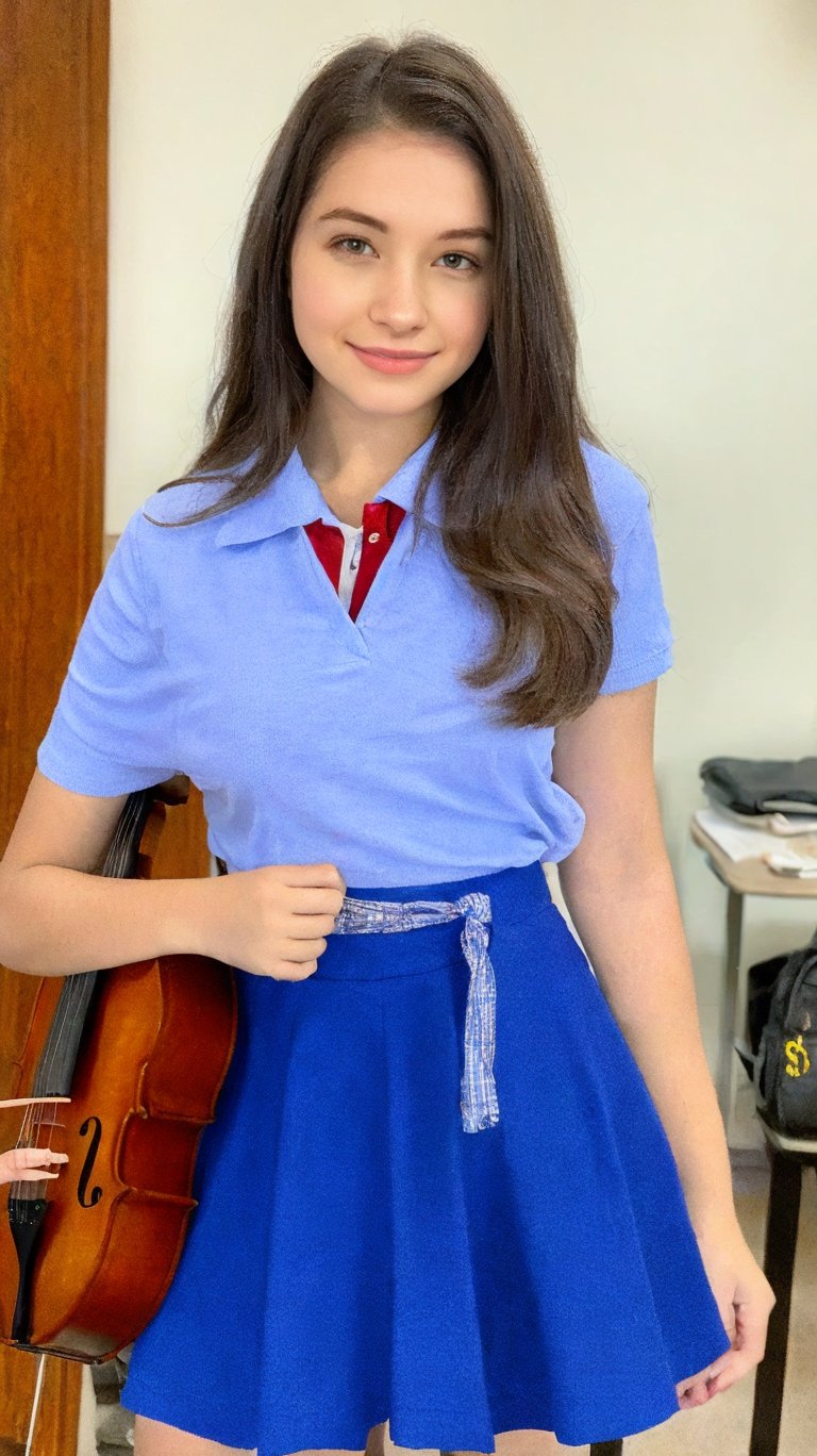 high school student,girl,school uniform,carrying a case of cello,in the performance room ,Best Quality, 32k, photorealistic, ultra-detailed, finely detailed, high resolution, perfect dynamic composition, beautiful detailed eyes, sharp-focus, cowboy_shot, 