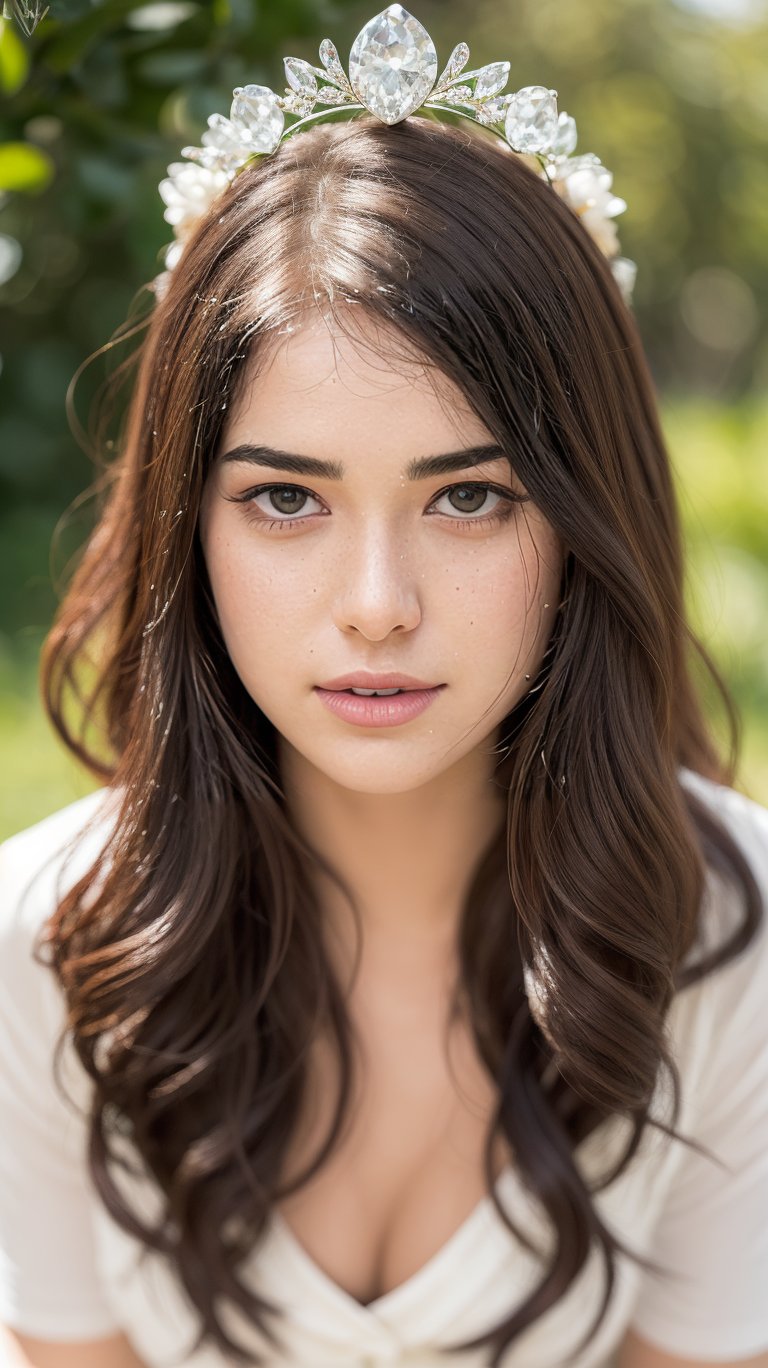 A serene young woman with luscious wavy locks gazes upward from a 1:3 body-length portrait. Framed by a shallow depth of field, her radiant features are bathed in sharp, bright light. A delicate bridal hairstyle crowns her head as she looks directly up at the camera. Capture this stunning moment with crystal-clear clarity and RAW photo quality using the El-V1 and PP-V3 settings.