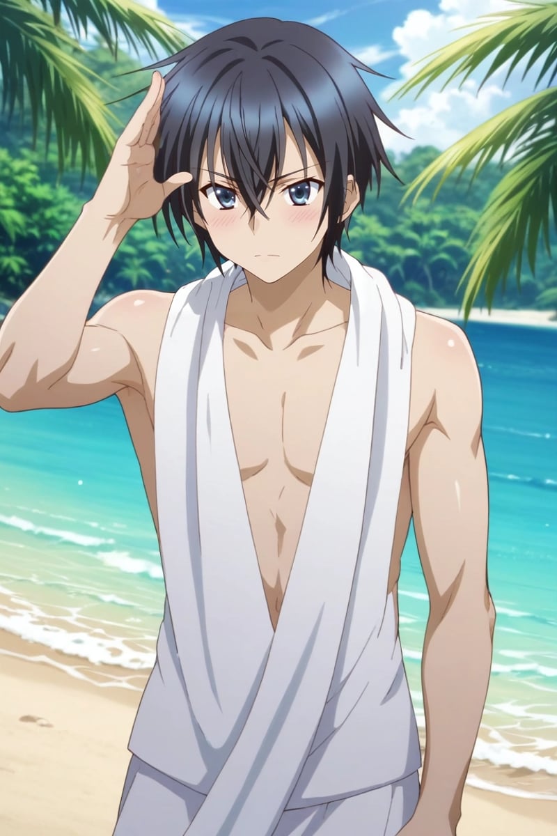 score_9, score_8_up, score_7_up, source_anime, rating_safe, , (photorealistic:0.6), , , 1boy, solo, male focus, <lora:kamito_kazehaya_pony:0.92>, kamito_kazehaya, black hair, blue eyes, short hair, hair between eyes, wide angle, wide shot, cowboy shot, beach, palm tree, towel, indoors, light, victory pose, shy, blush, , <lora:sdxl_lightning_8step_lora:1>