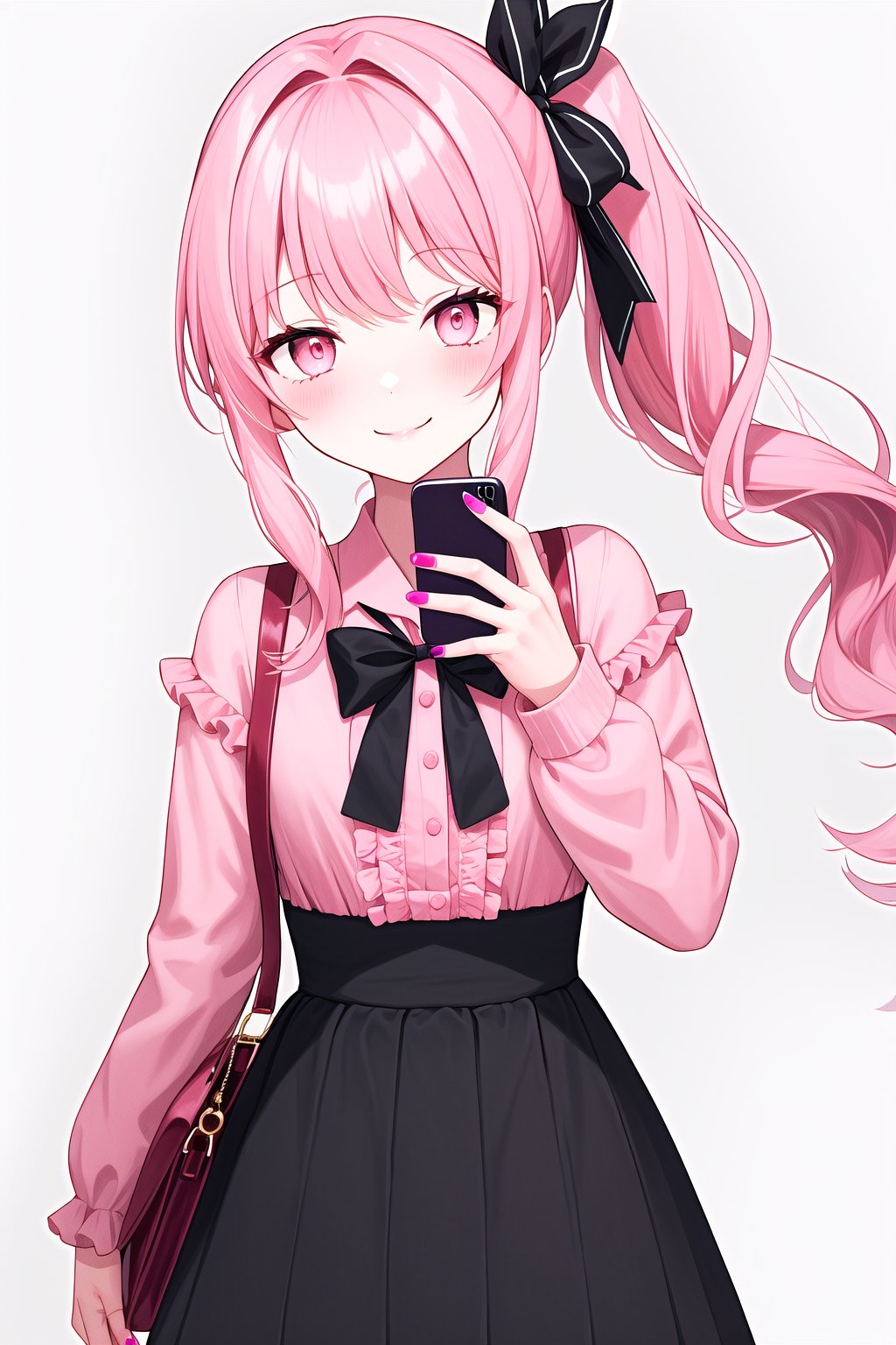  pink_eyes, pink_shirt, pink_hair, side_ponytail, skirt, solo, shirt, pink_theme, black_skirt, phone, holding, frills, holding_phone, long_sleeves, bow, smile, ribbon, jirai_kei, looking_at_viewer, bangs, cellphone, sidelocks, long_hair, cowboy_shot, closed_mouth, hair_ribbon, hair_bow, simple_background, girl_focus, pink_nails, smartphone, shoulder_cutout,1girl,mizuki_akiyama