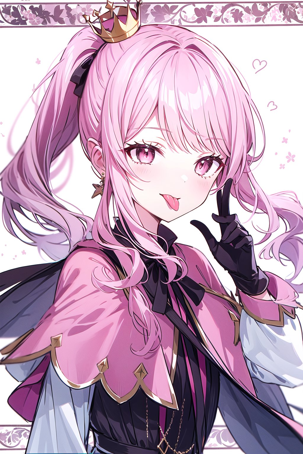 1girl, crown, pink_hair, pink_eyes, gloves, androgynous, solo, black_gloves, mini_crown, long_hair, earrings, tongue_out, jewelry, tongue, looking_at_viewer, long_sleeves, ponytail, fringe_trim, capelet, bangs, side_ponytail, sidelocks, pink_theme, :p,mizuki_akiyama