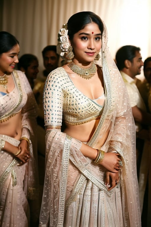 A stunning Indian woman, age 25, stands out against the vibrant wedding backdrop as she effortlessly moves through the lively atmosphere. Her elegant golden saree flows like a river around her slender physique, with intricate embroidery adding pops of color to the rich hues surrounding her. Wavy hair falls in effortless curls down her shoulders as she adjusts the pleats of her saree, exuding elegance and poise amidst the celebratory crowd. Gold bangles jingle softly as she shines with joy, her expressive brown eyes sparkling amidst the wedding festivities.