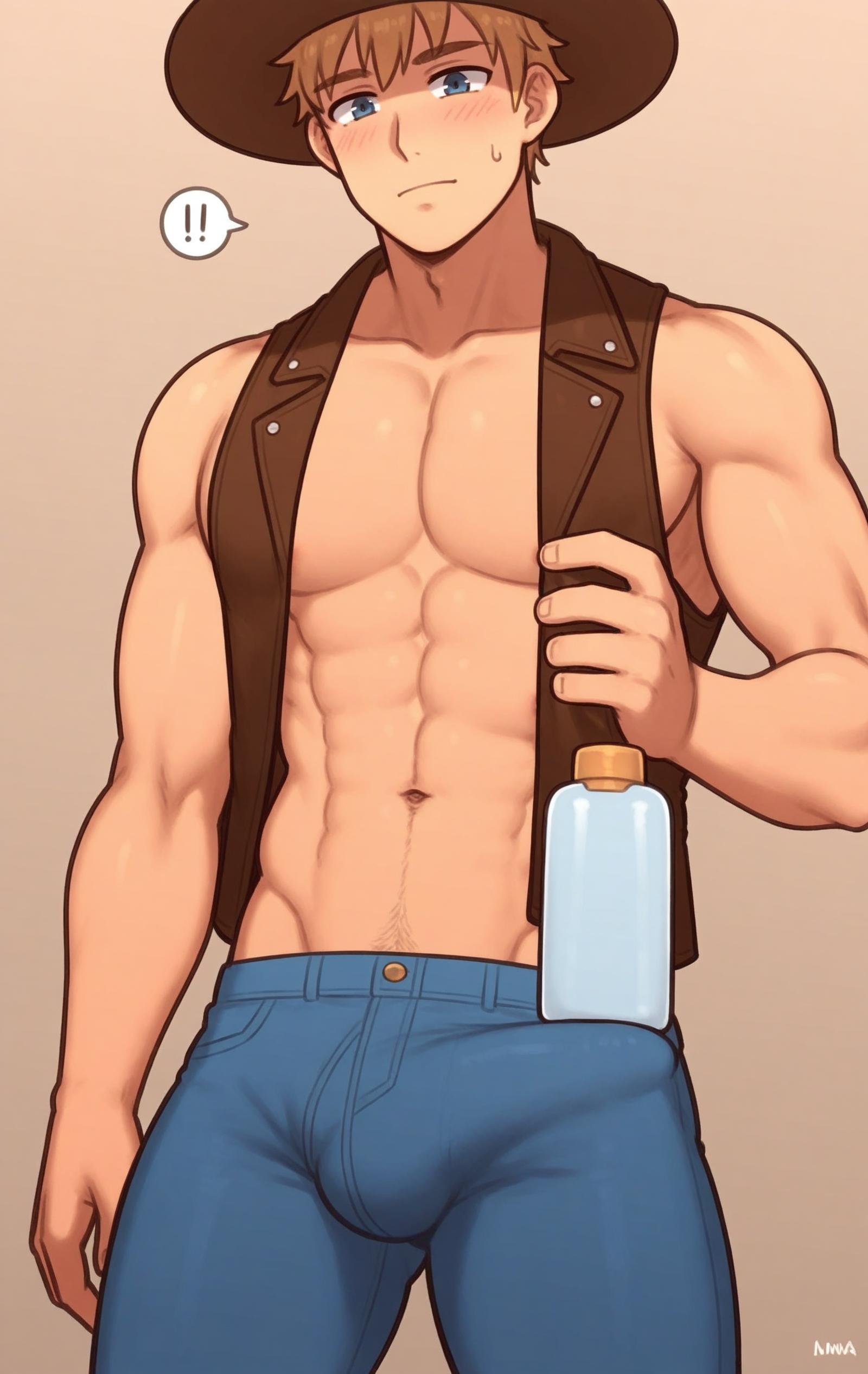 score_9, score_8_up, score_7_up, score_6_up, score_5_up, score_4_up, shampoochallenge, shampoo bottle, cowboy hat, leather vest, jeans, male focus, cute face, 1boy, solo, tight underwear, buff, muscular, blond hair, midwestern pectorals, saloon background, navel hair, sunna (nilsunna), aaaa (quad-a), rating_explicit  <lora:shampoochallenge-beta1:0.7>