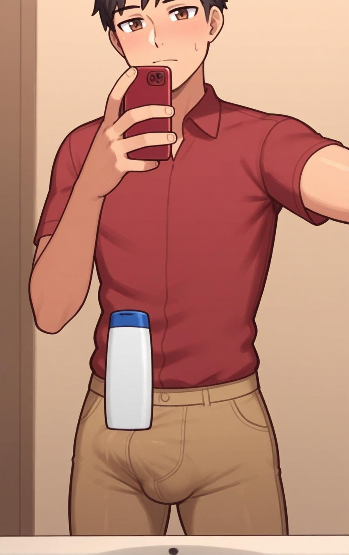 score_9, score_8_up, score_7_up, score_6_up, score_5_up, score_4_up, shampoochallenge, shampoo bottle, khaki pants, red polo shirt, male focus, cute face, 1boy, solo, phone, selfie, black hair, brown eyes, bathroom, sunna (nilsunna), aaaa (quad-a), rating_explicit  <lora:shampoochallenge-beta1:0.7>