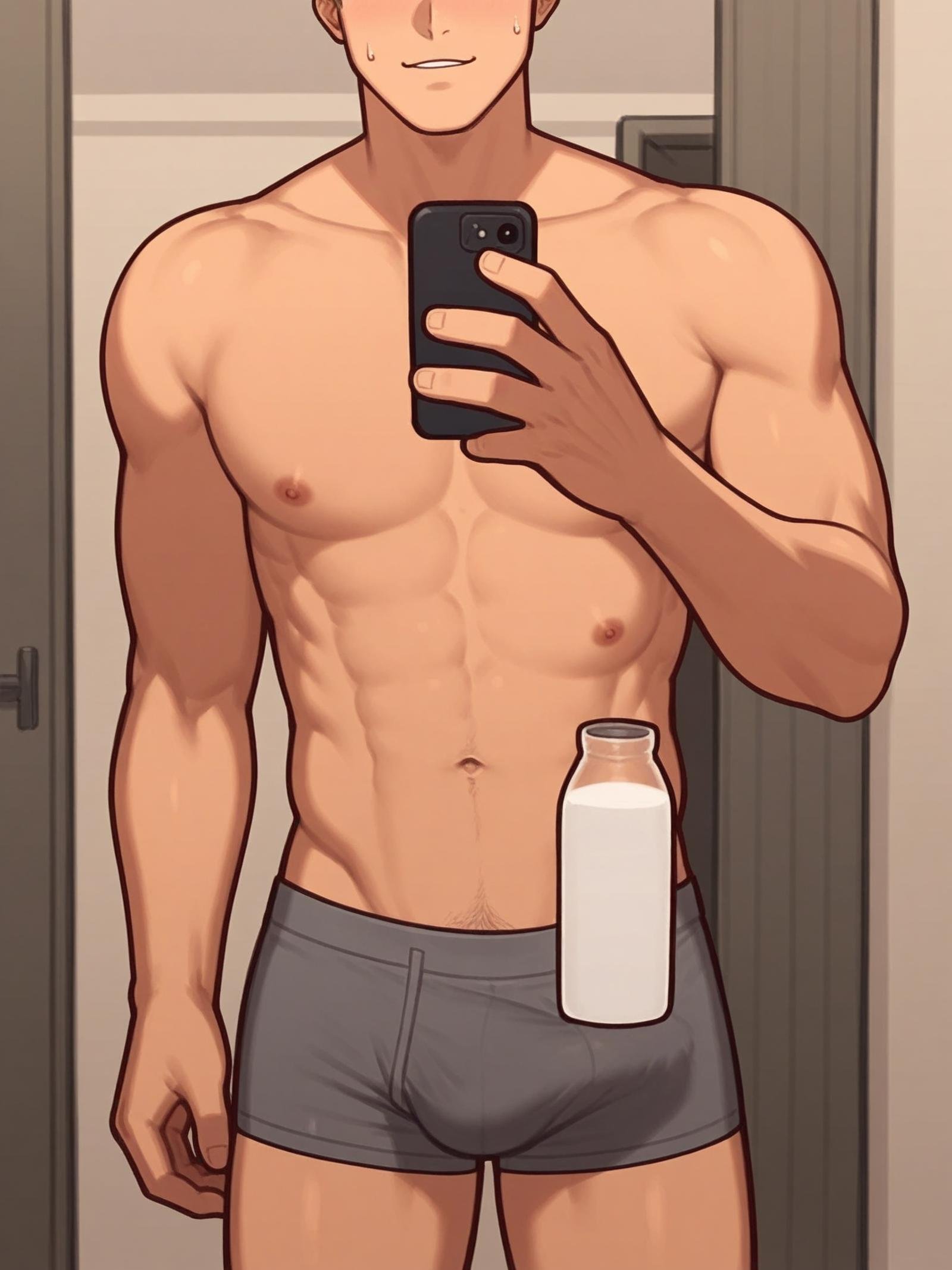 score_9, score_8_up, score_7_up, score_6_up, score_5_up, score_4_up, shampoochallenge, milk bottle, cowboy, male focus, cute face, 1boy, solo, buff, muscular, blond hair, mirror selfie, tight underwear, shirtless, pectorals, phone, blond hair, blue eyes, locker room background, sunna (nilsunna), rating_explicit  <lora:shampoochallenge-beta1:0.6>