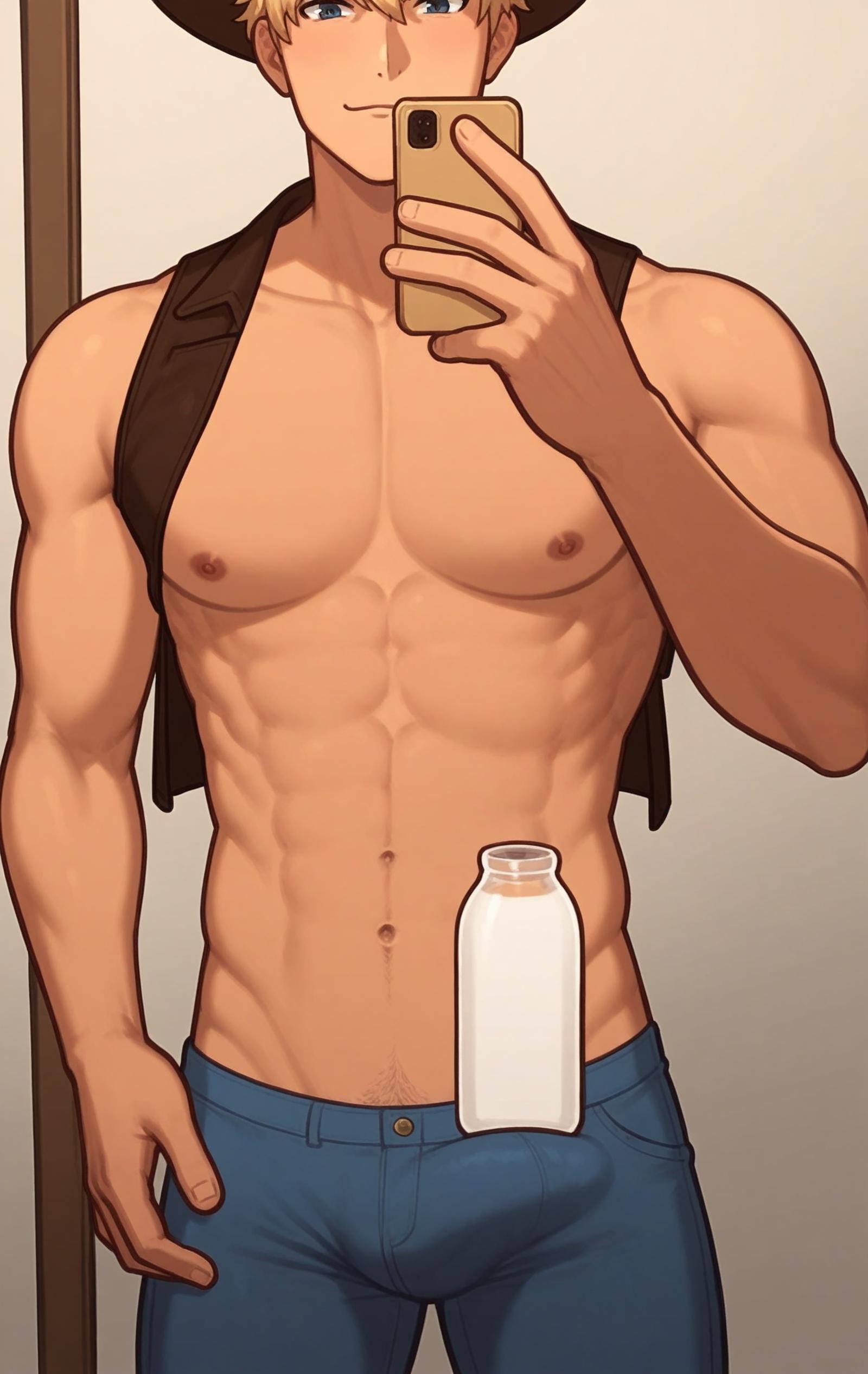 score_9, score_8_up, score_7_up, score_6_up, score_5_up, score_4_up, shampoochallenge, milk bottle, cowboy hat, leather vest, jeans, male focus, cute face, 1boy, solo, tight underwear, buff, muscular, blond hair, mirror selfie, pectorals, saloon background, sunna (nilsunna), rating_explicit  <lora:shampoochallenge-beta1:0.7>