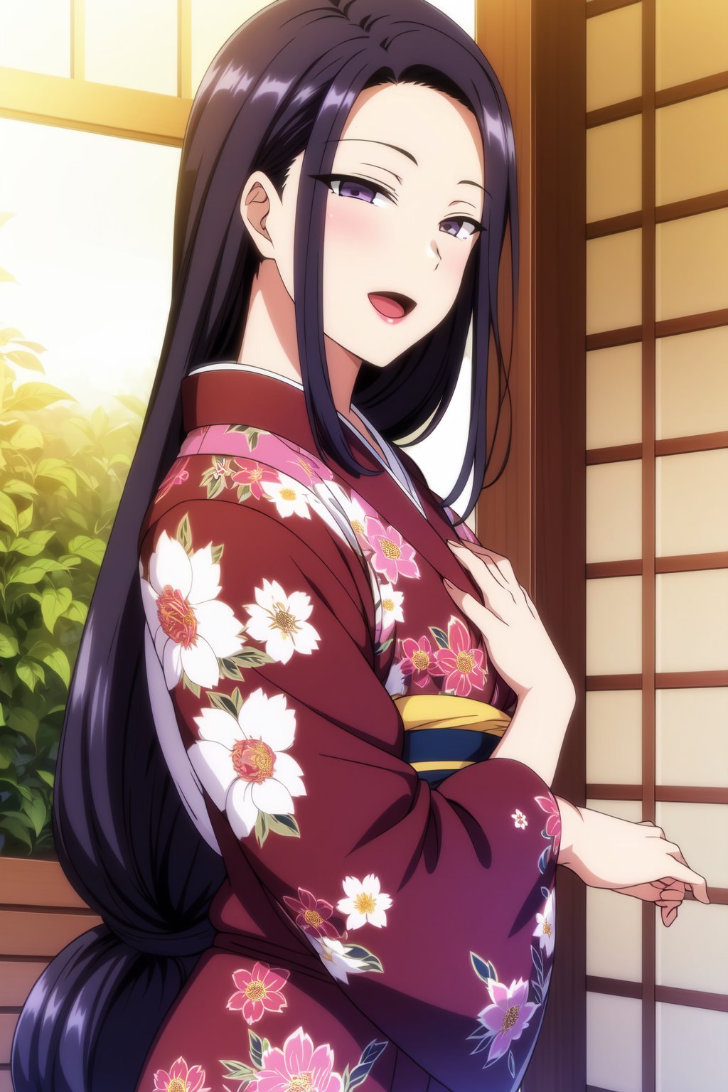 ((masterpieces))), side view, (((very long hair))), low-tied long hair, blush, smile, open mouth,   black hair, hair ornament, 1girl, purple eyes, flower, :d, japanese clothes, hair flower, kimono,  floral print,  
 ,official art, looking at viewer, , remely detailed CG unity 8k wallpaper, Colorful, (masterpiece:1.0), (best_quality:1.0), ultra high res, 4K, ultra-detailed,aiue oka
