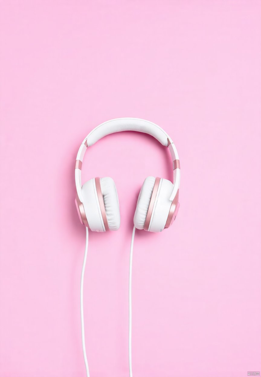 The image depicts a pair of headphones placed against a pastel pink background. The headphones are white with a soft pink accent on the ear cups and the headband. The ear cups have a cushioned texture, and the headband is padded for comfort. The wires are white and appear to be of a standard length, typical for wired headphones. The overall presentation of the headphones is clean and minimalistic, with a modern aesthetic.